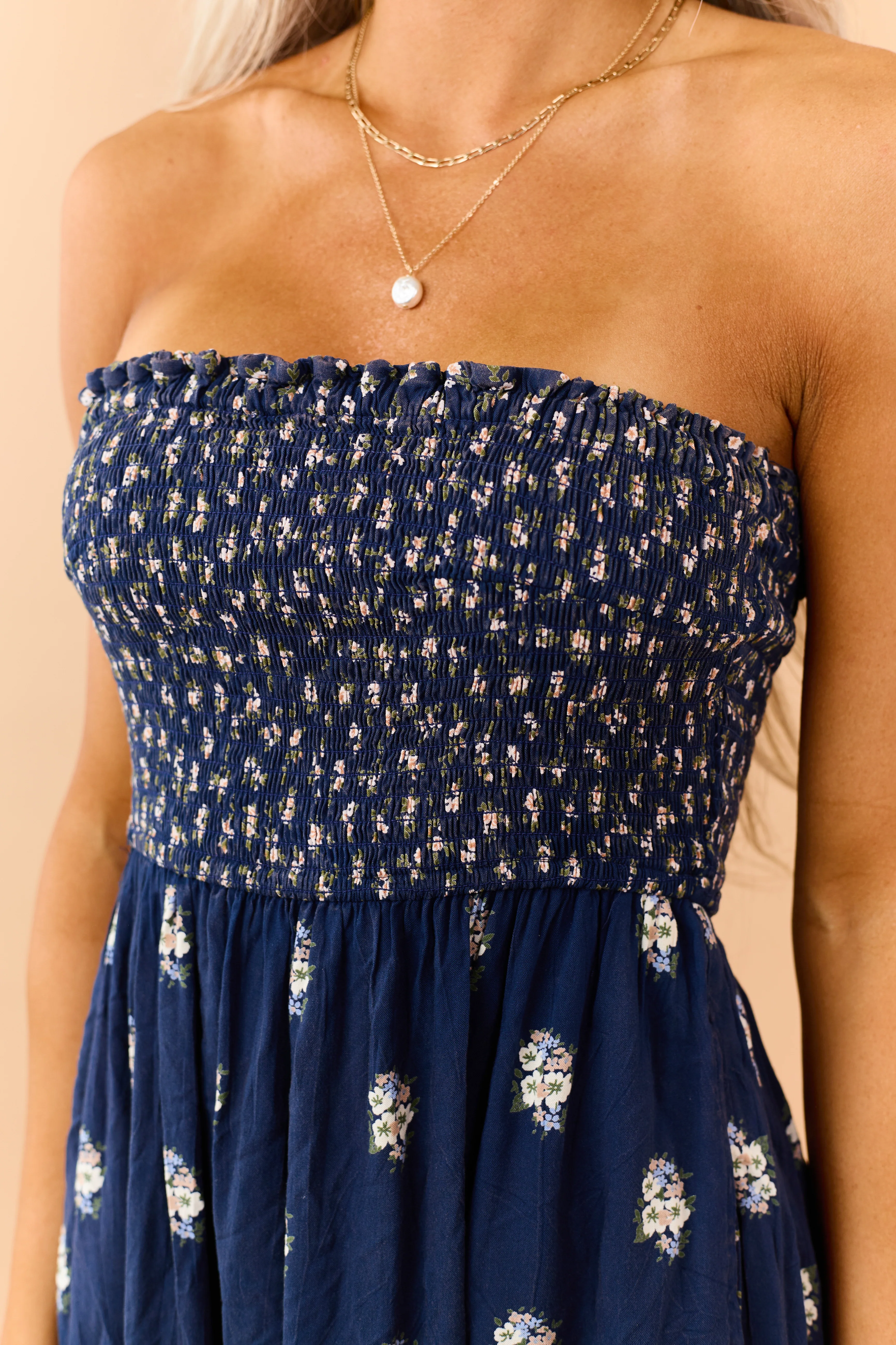 Navy Tiered Floral Print Strapless Maxi Dress - Image 13