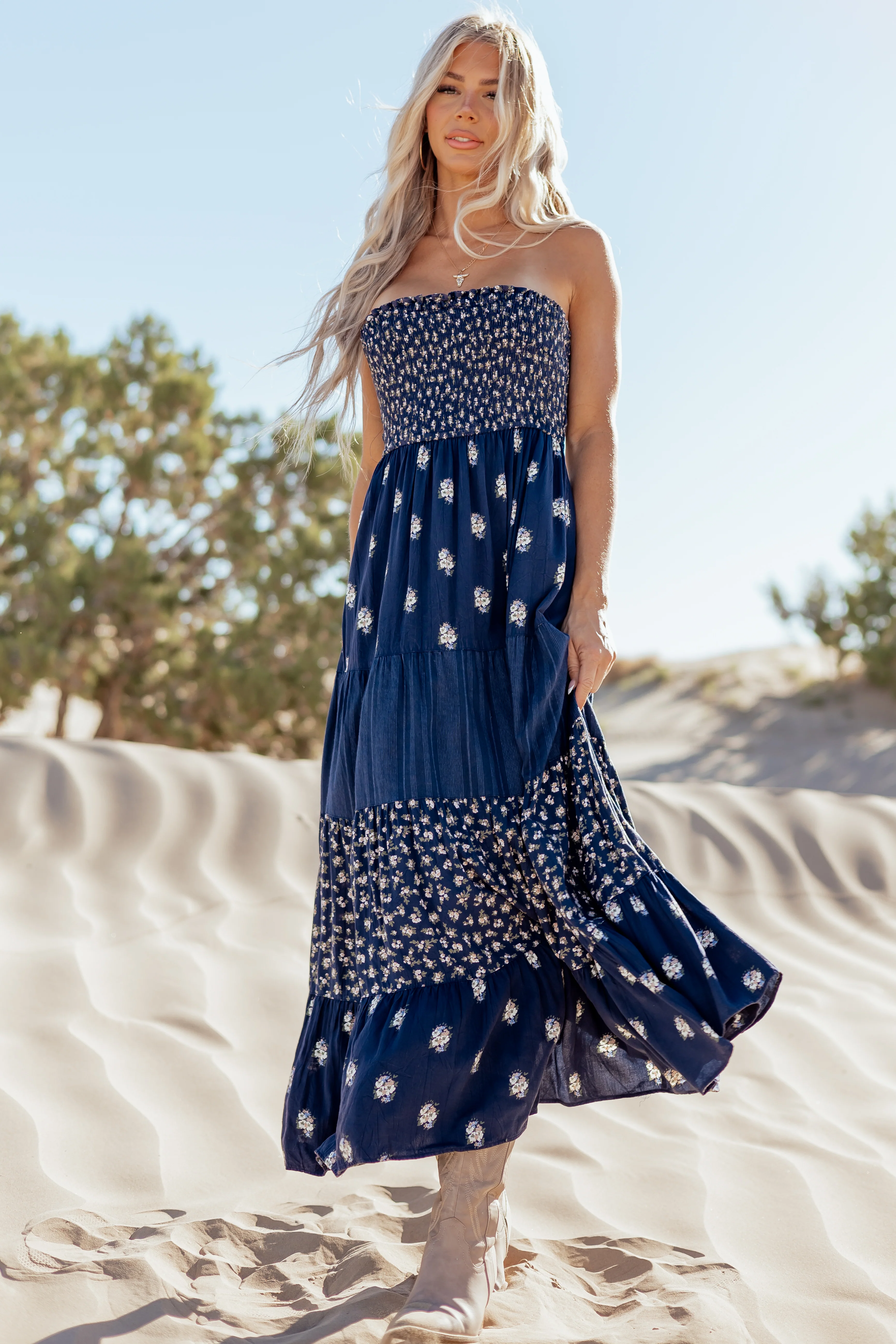 Navy Tiered Floral Print Strapless Maxi Dress - Image 6