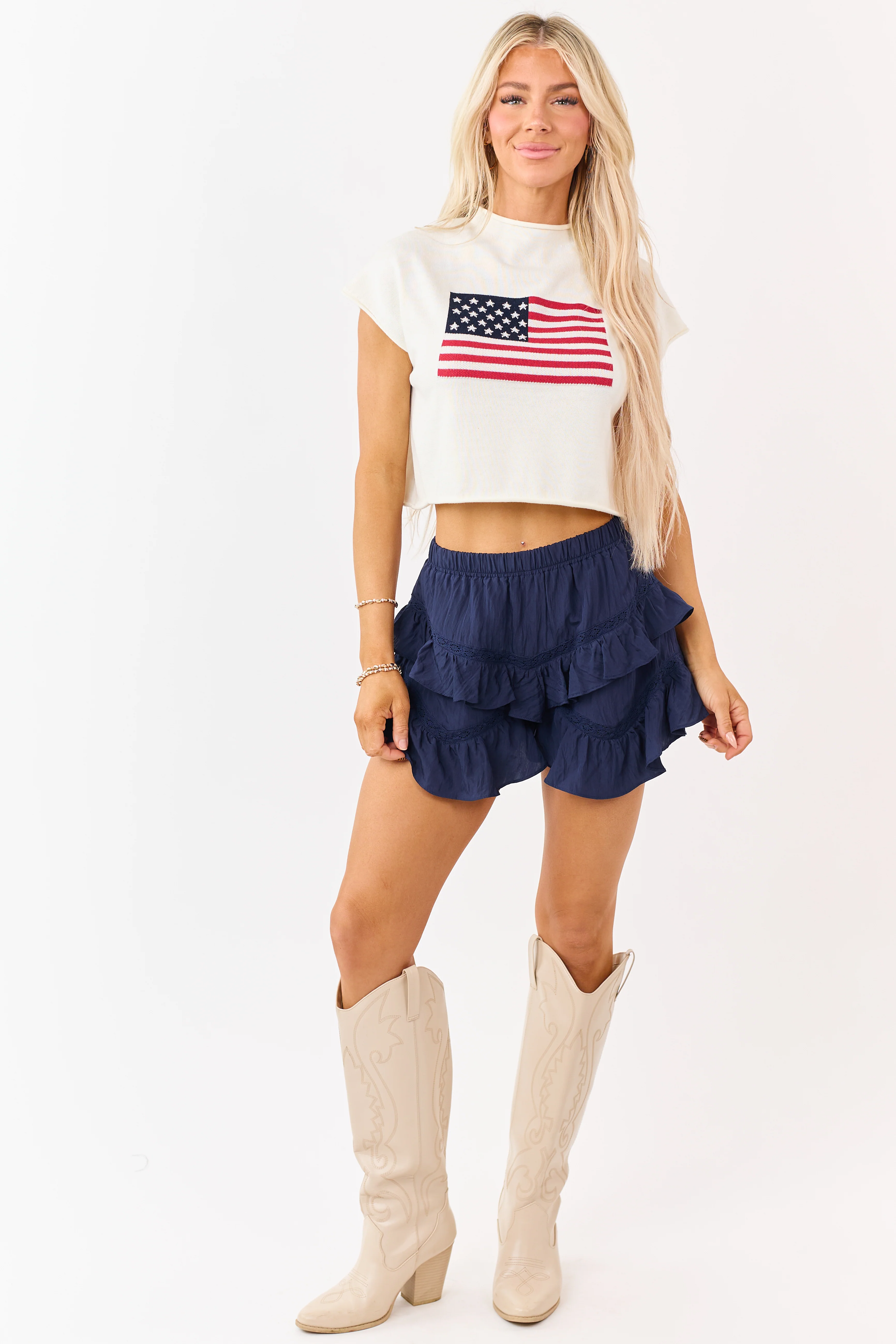 Navy Tiered Ruffle Lace Trim Flounce Shorts - Image 5