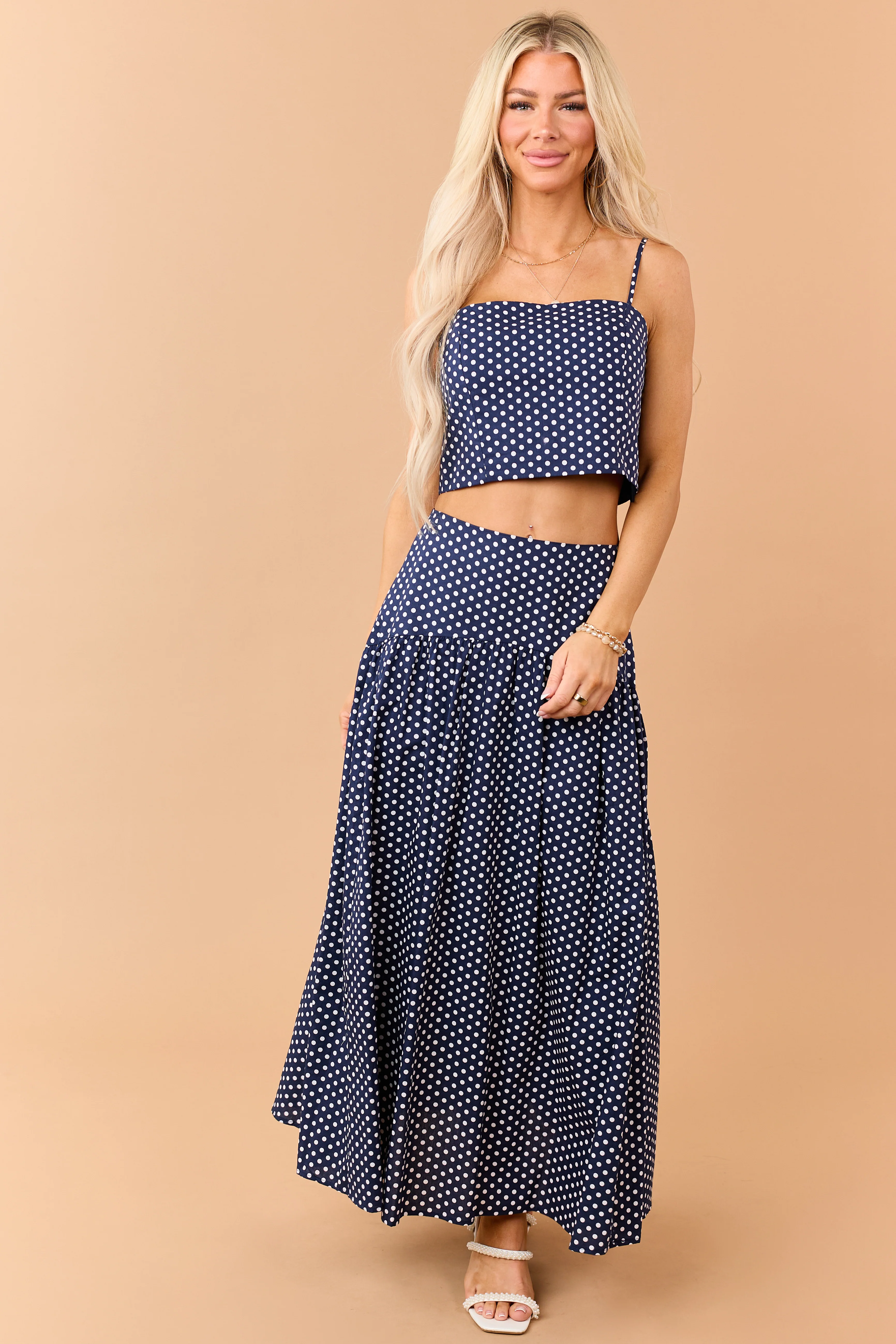 Navy and White Polka Dot Cotton Maxi Skirt - Image 2