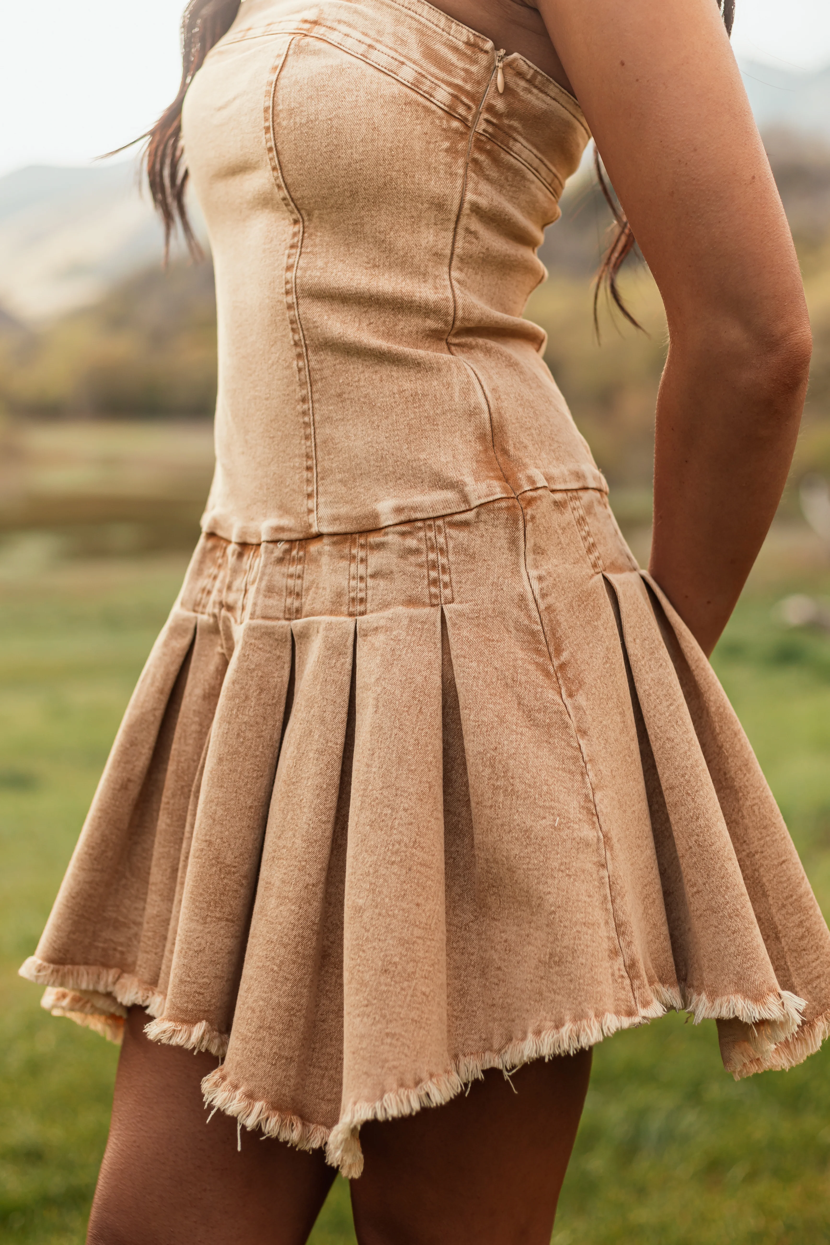 Nude Washed Stretchy Denim Strapless Mini Dress - Image 5