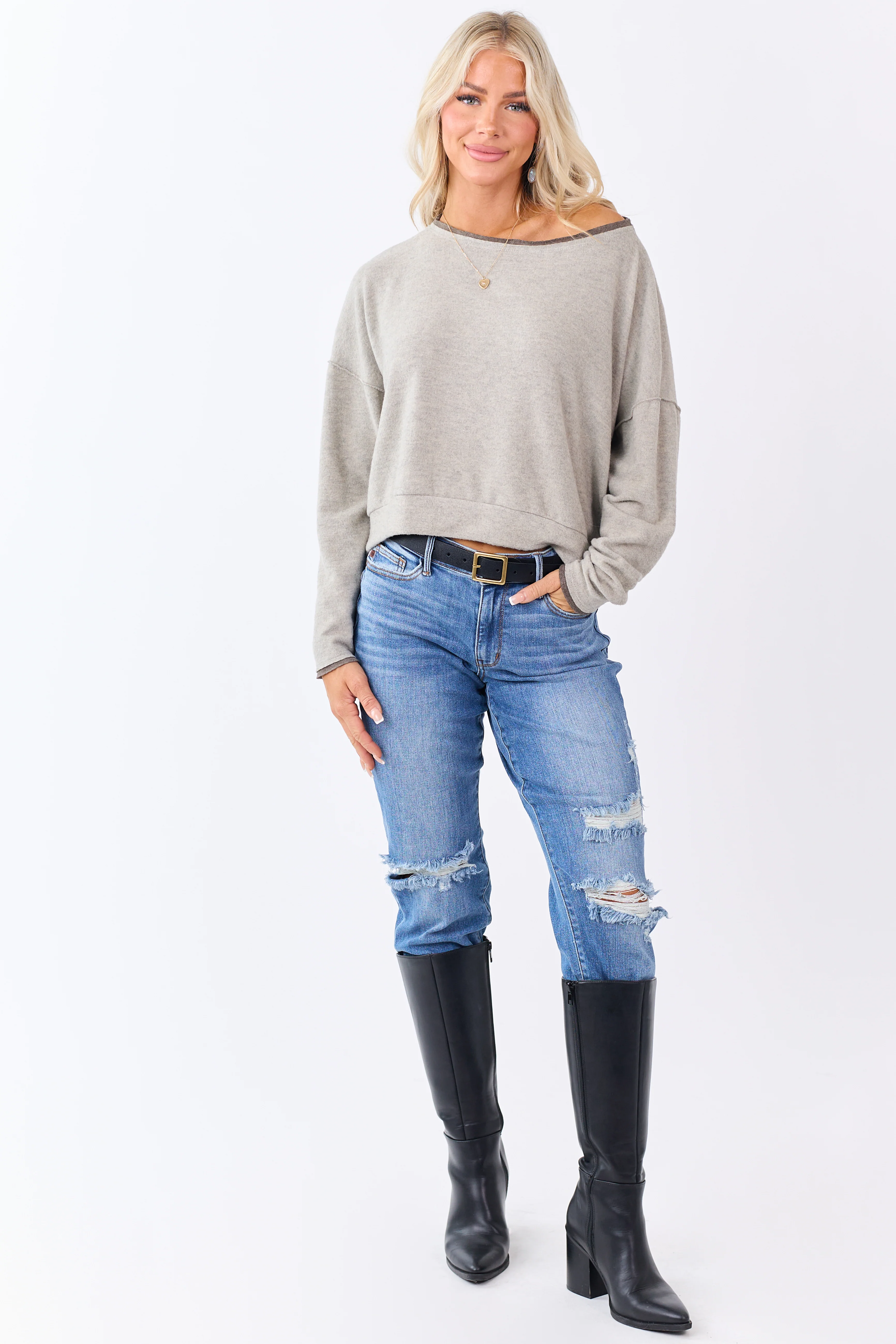 Oatmeal Fleece Contrast Trim Long Sleeve Top - Image 2