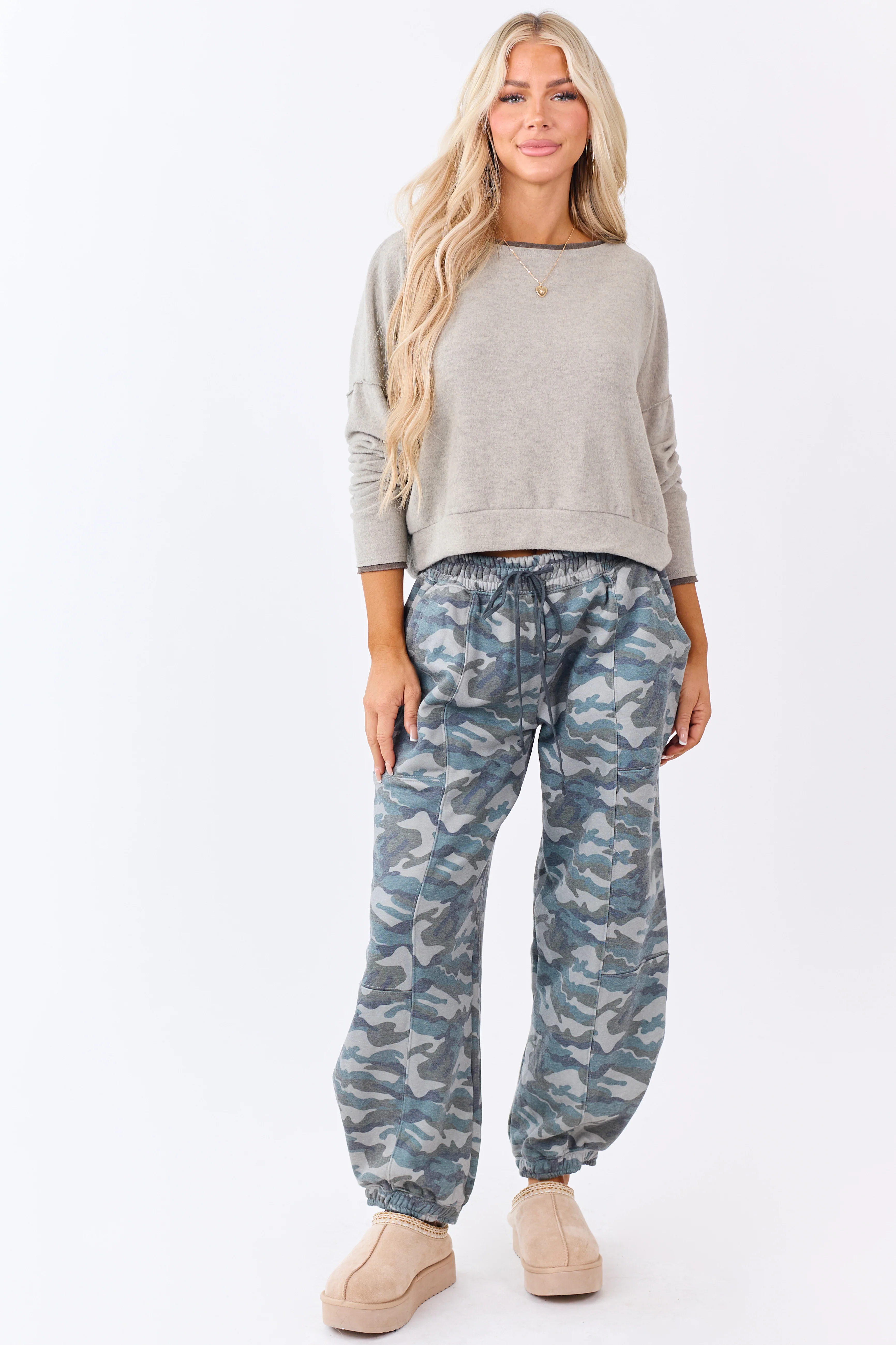 Oatmeal Fleece Contrast Trim Long Sleeve Top - Image 3