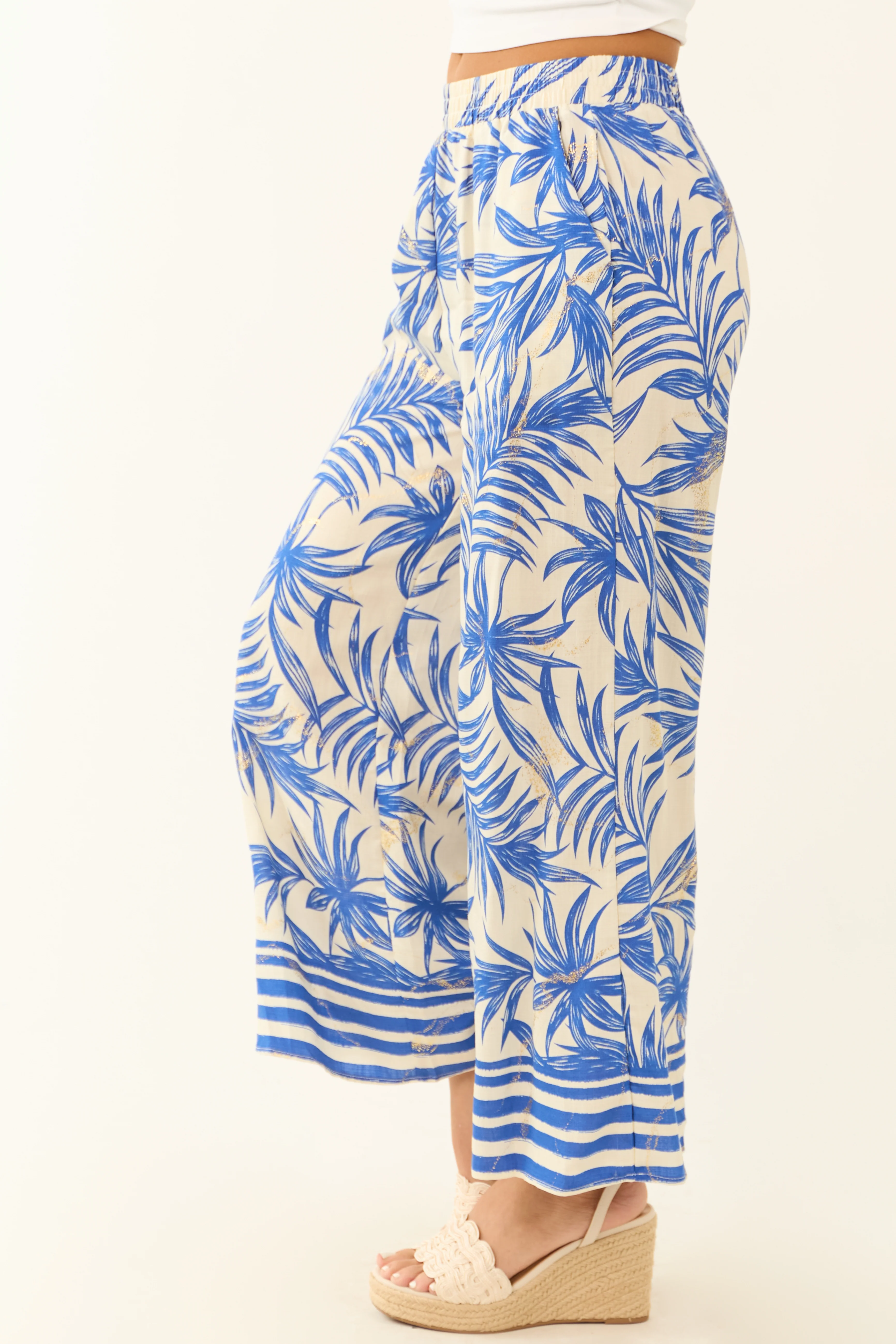 Off White and Cobalt Tropical Print Cropped Pants - Image 3