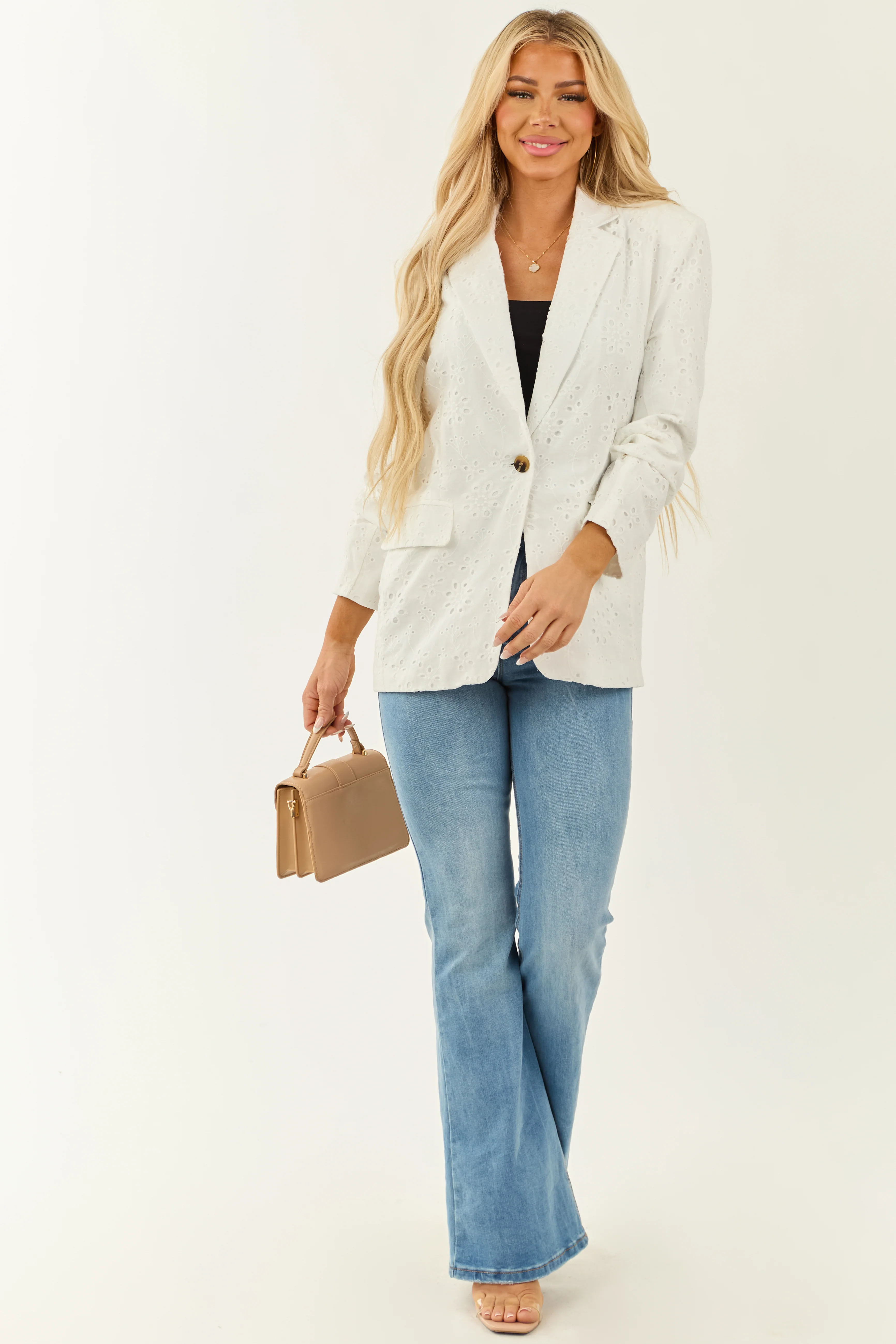 Off White Eyelet Lace Front Button Blazer - Image 4