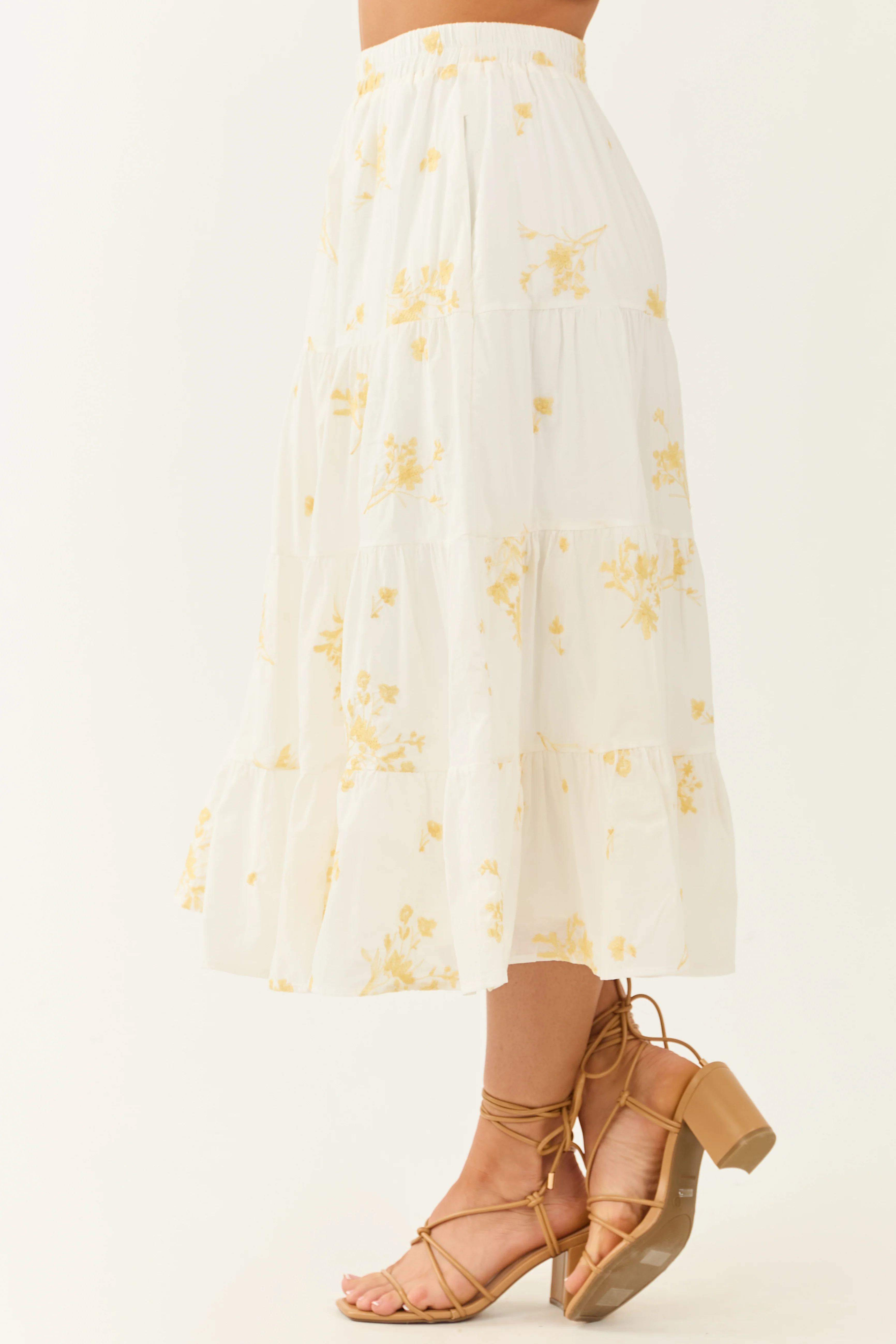Off White Floral Embroidered Tiered Midi Skirt - Image 3