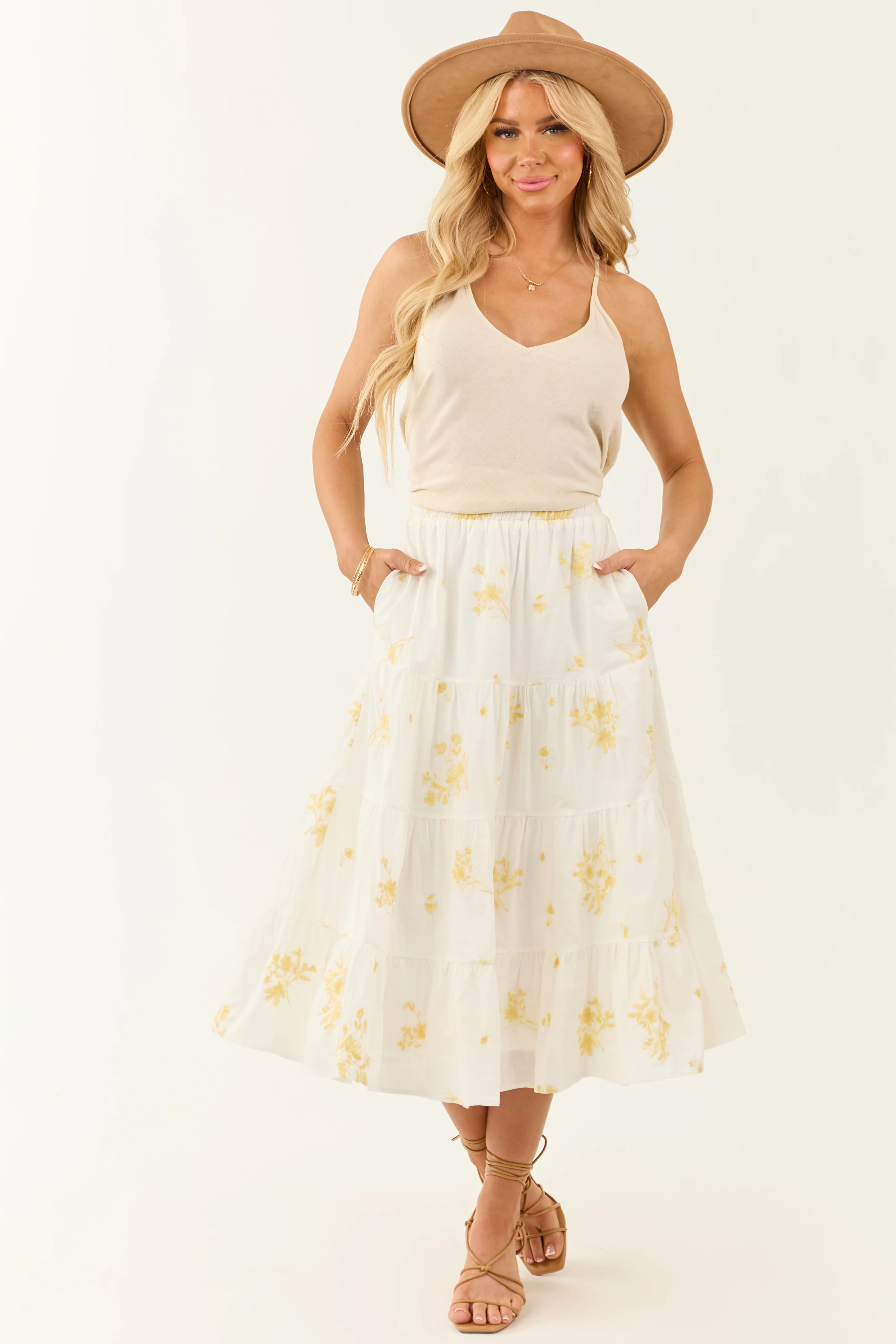 Off White Floral Embroidered Tiered Midi Skirt - Image 5
