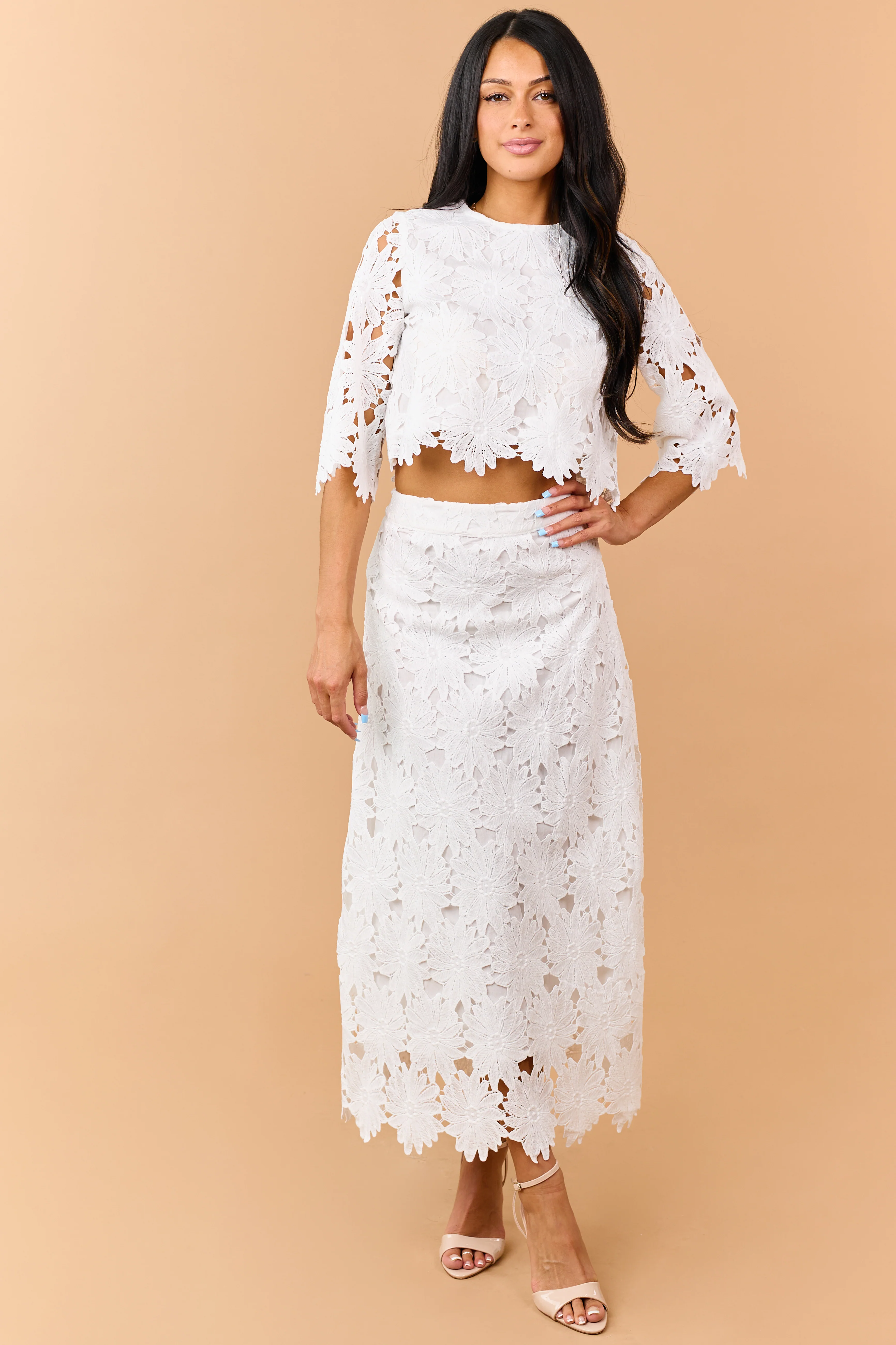 Off White Floral Lace Scalloped Hem Maxi Skirt