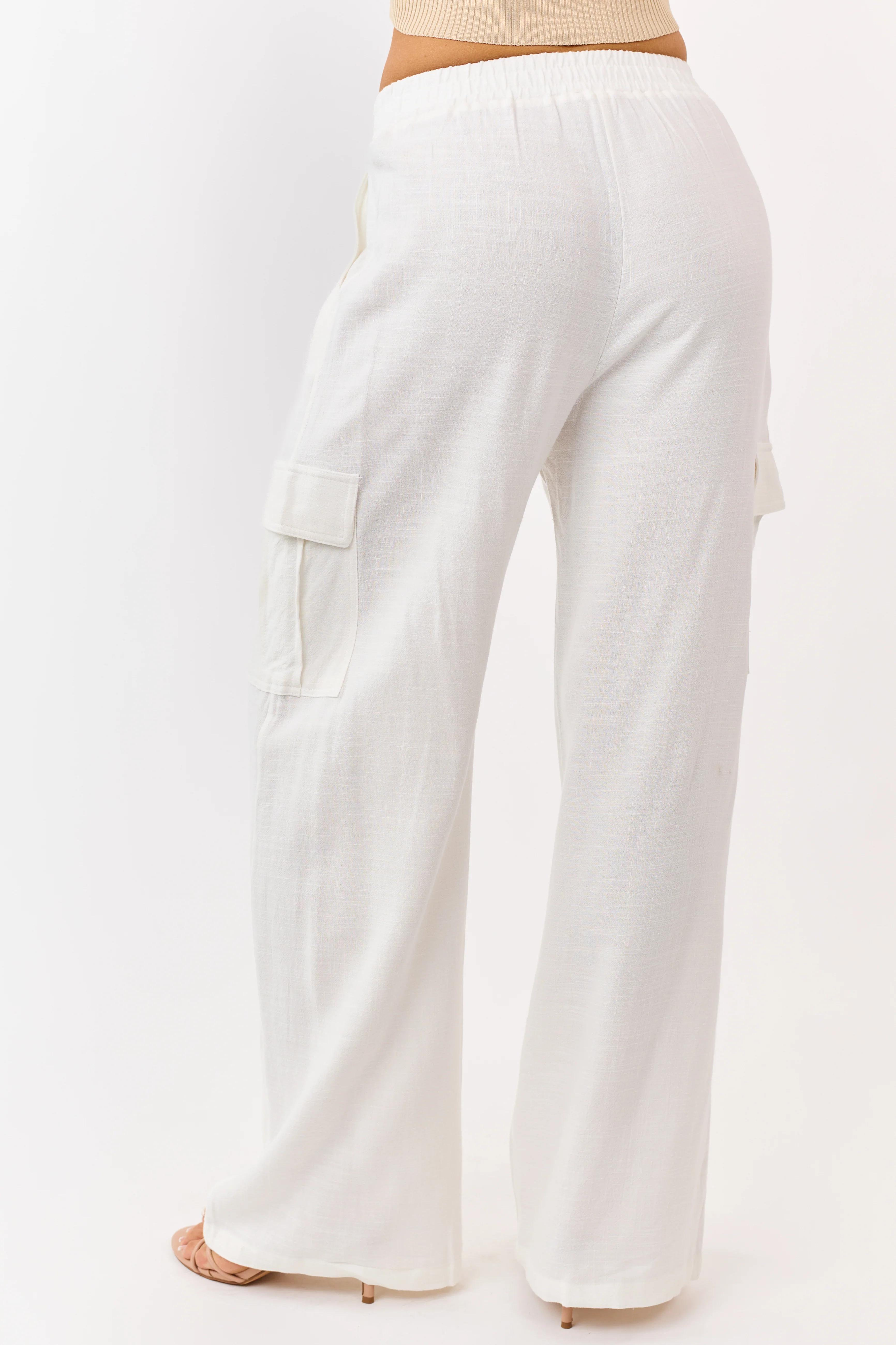 Off White Linen Blend Elastic Waist Cargo Pants - Image 4