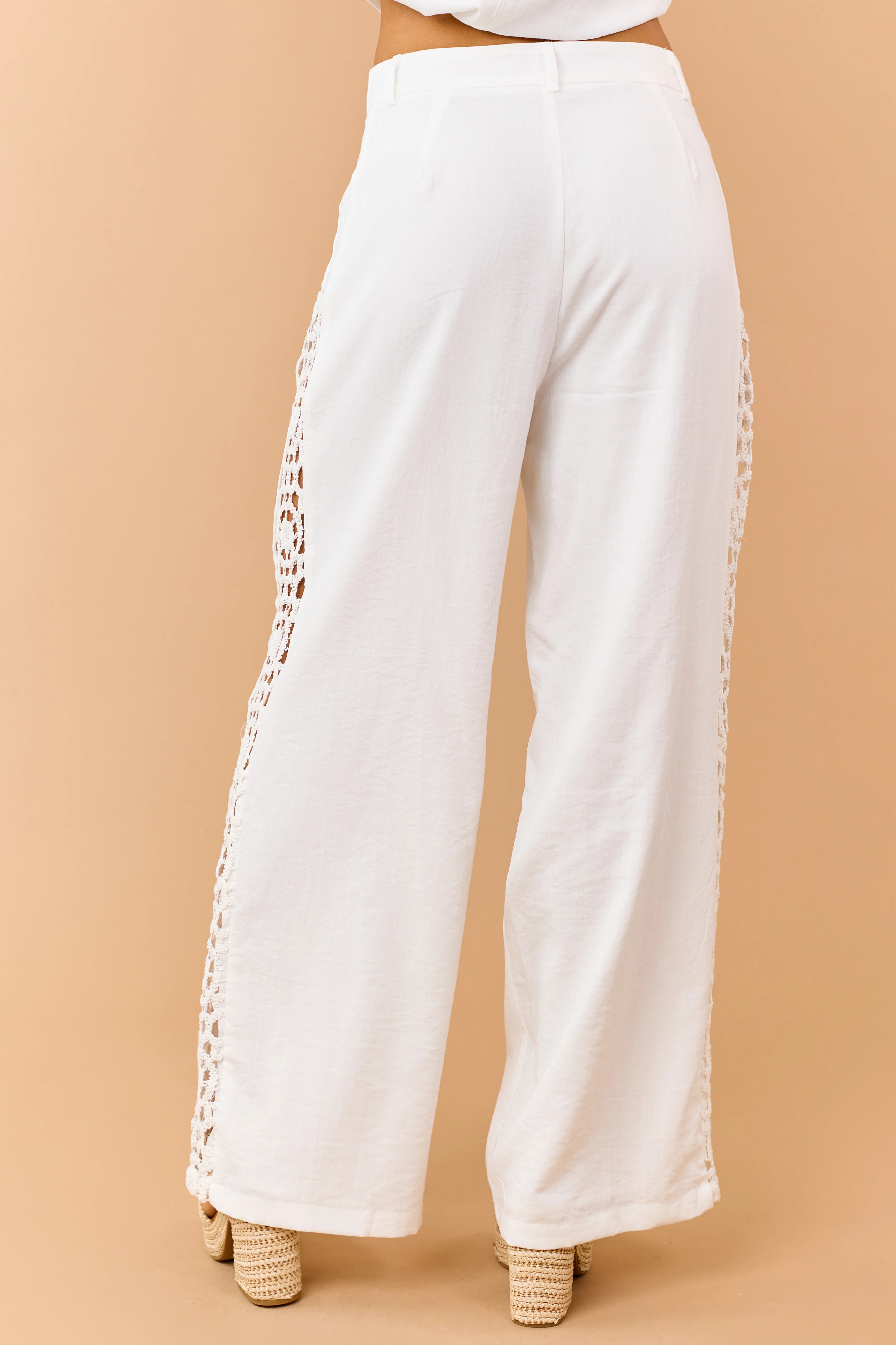 Off White Open Crochet Side Panel Wide Leg Pants - Image 4