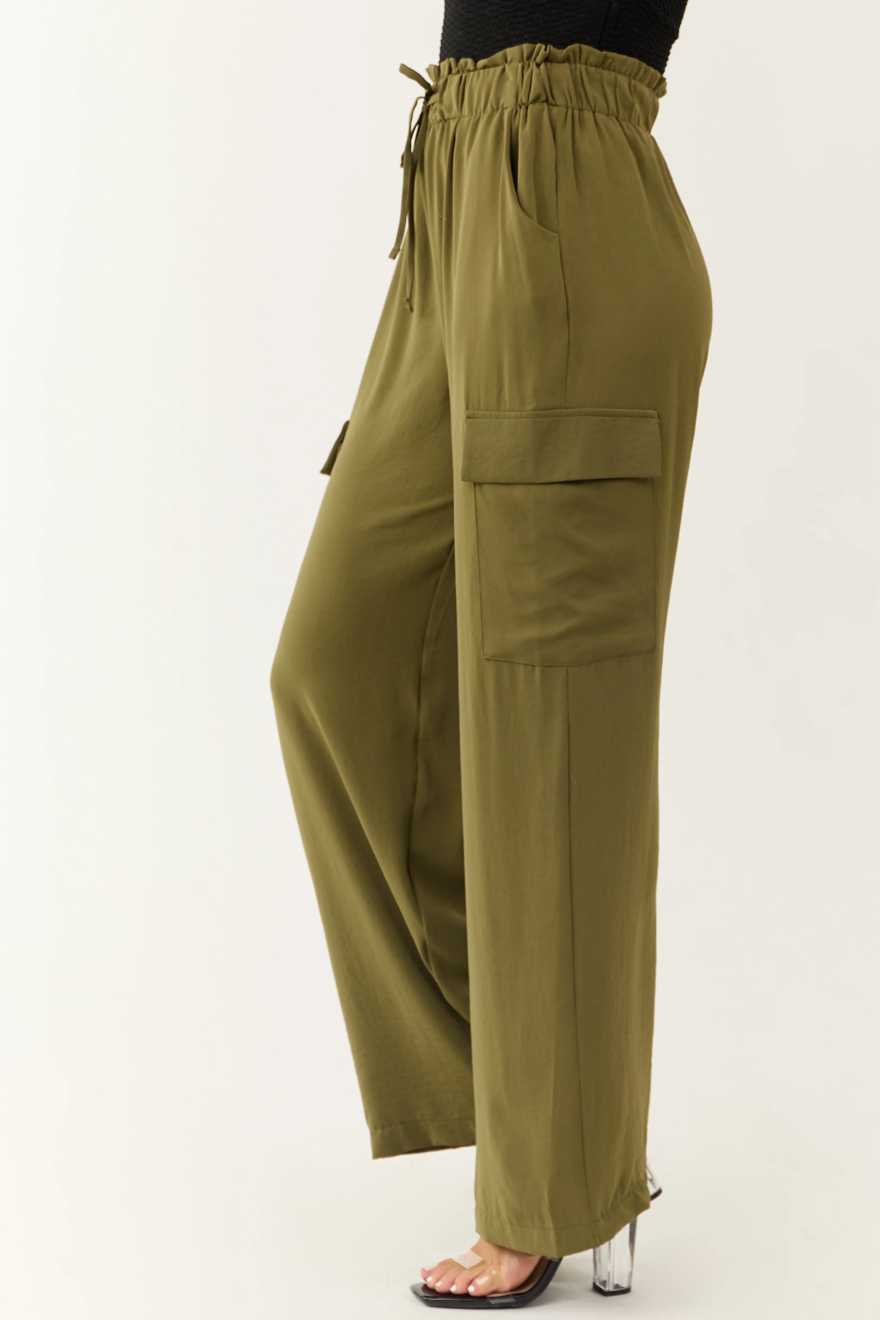 Olive Elastic Paperbag Waist Drawstring Cargo Pants - Image 3