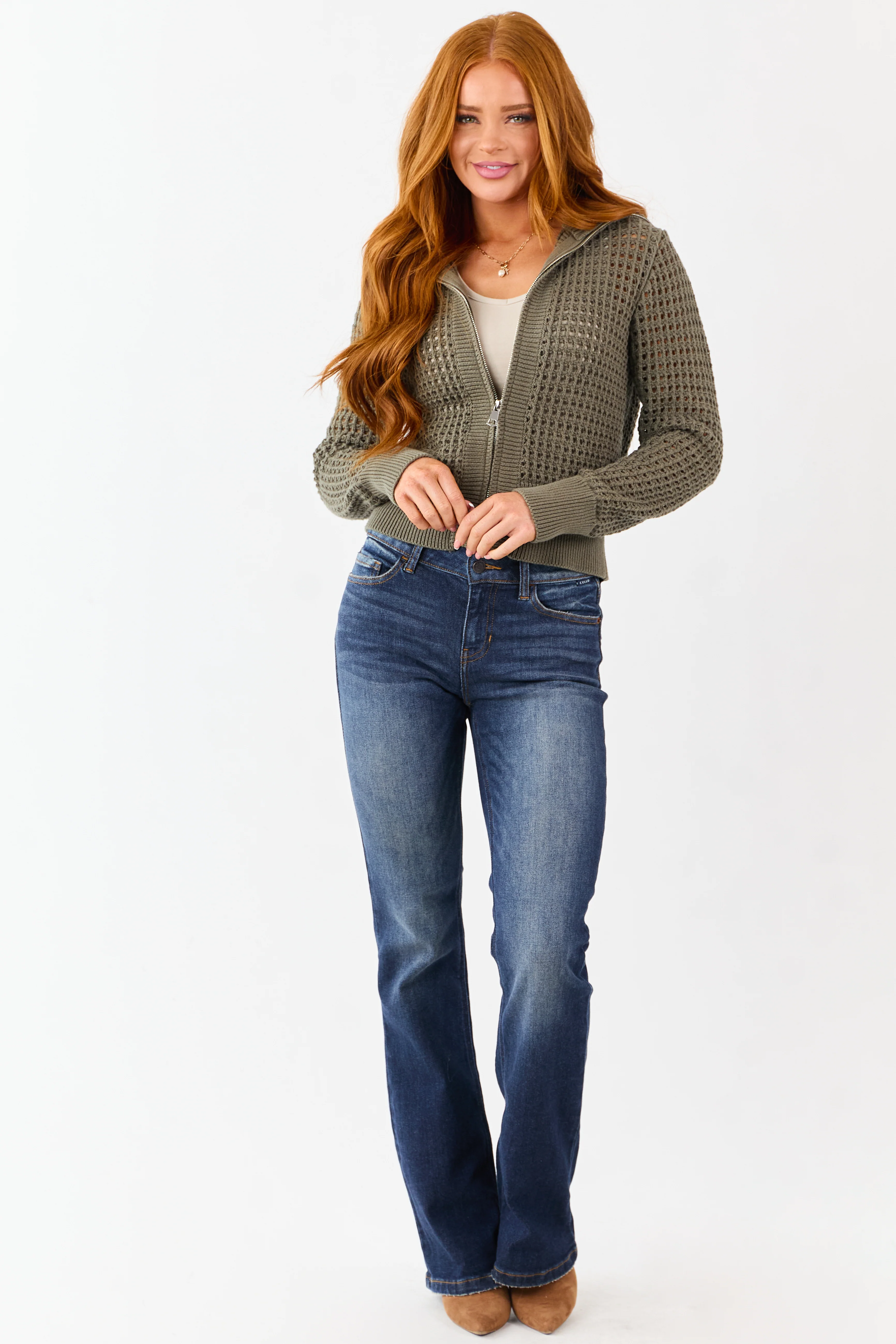 Olive Open Knit Zip Up Cotton Jacket - Image 2