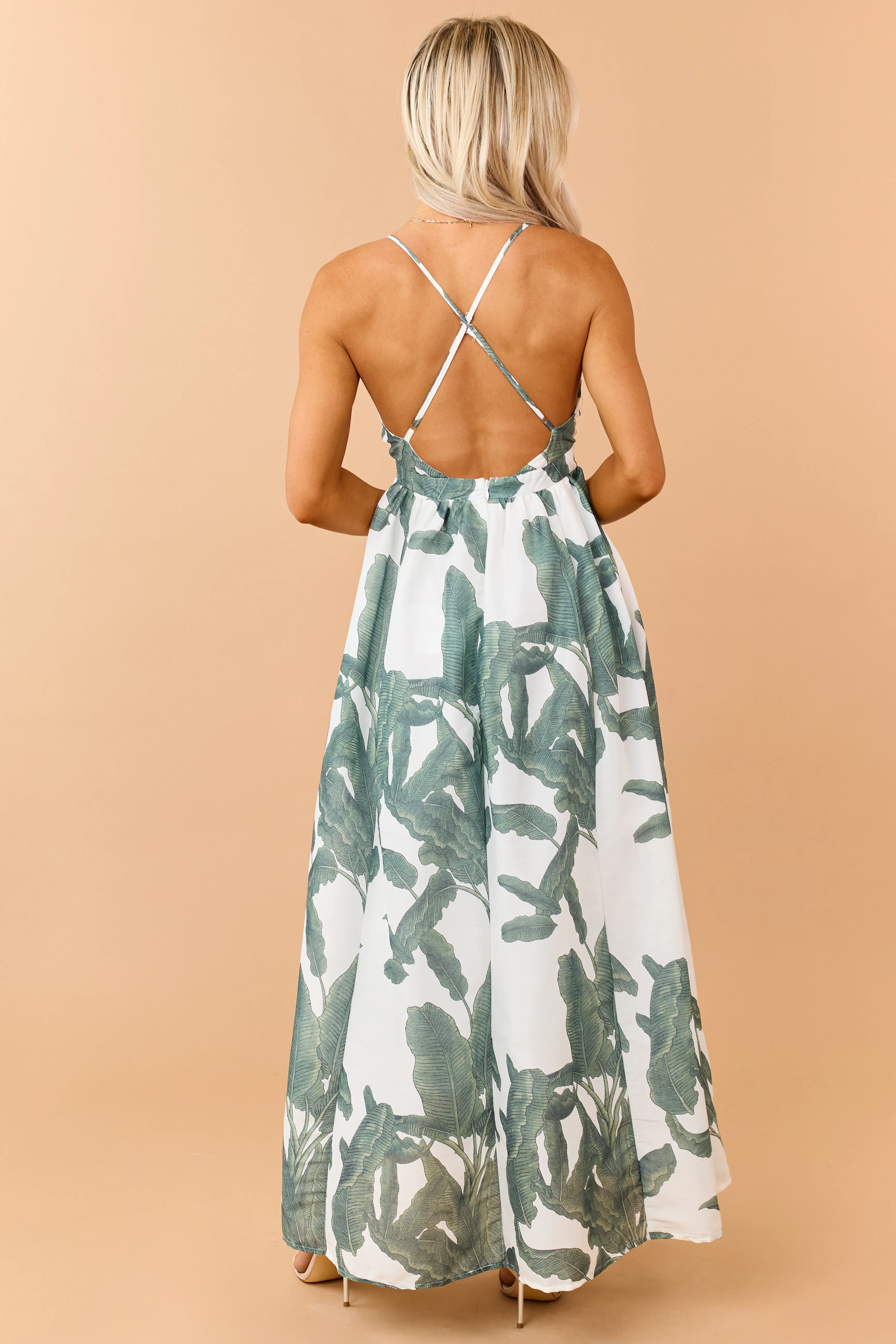 Olive Tropical Leaf Print Deep V Neck Maxi Dress - Image 5