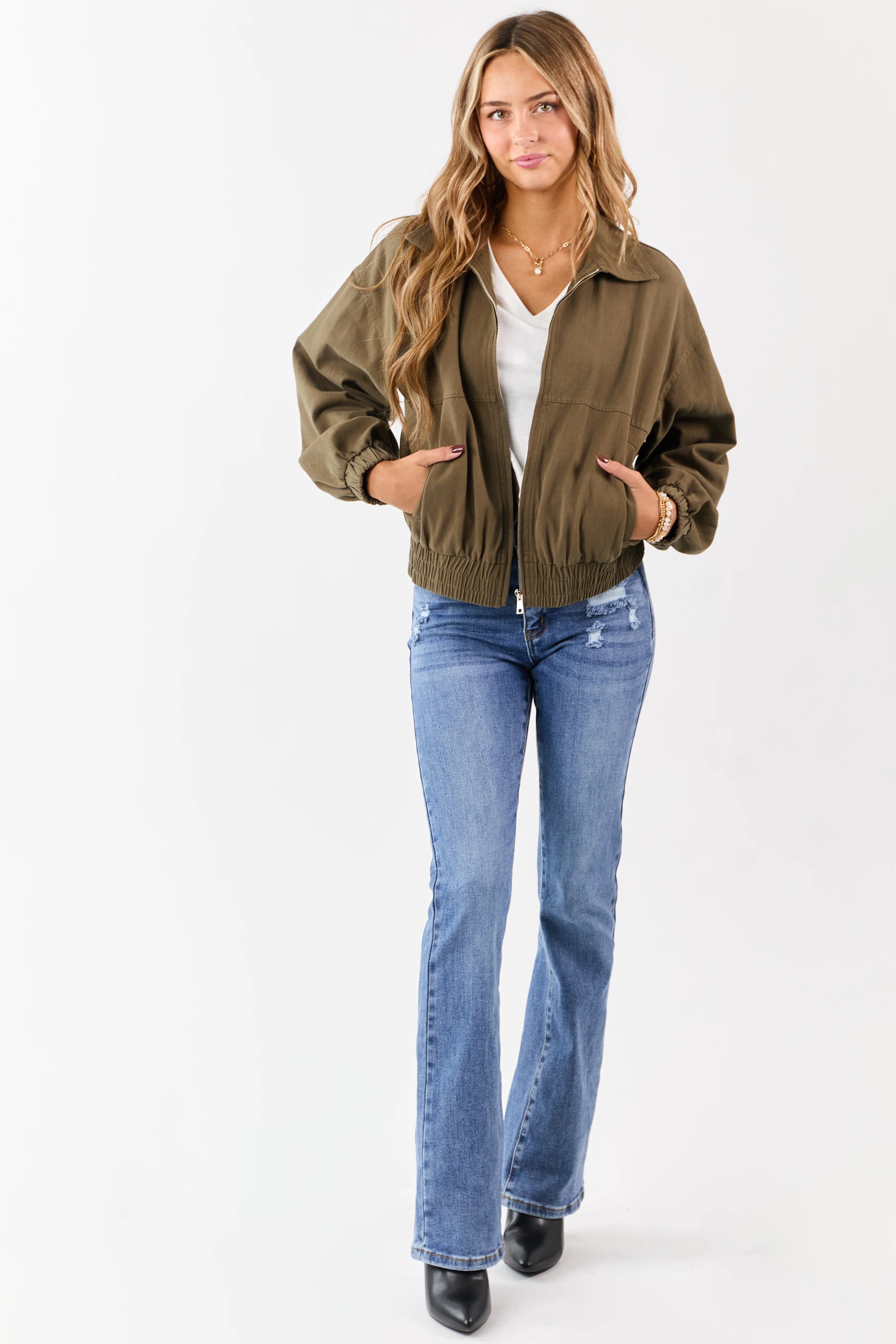 Olive Twill Collared Elastic Hem Zip Up Jacket - Image 3