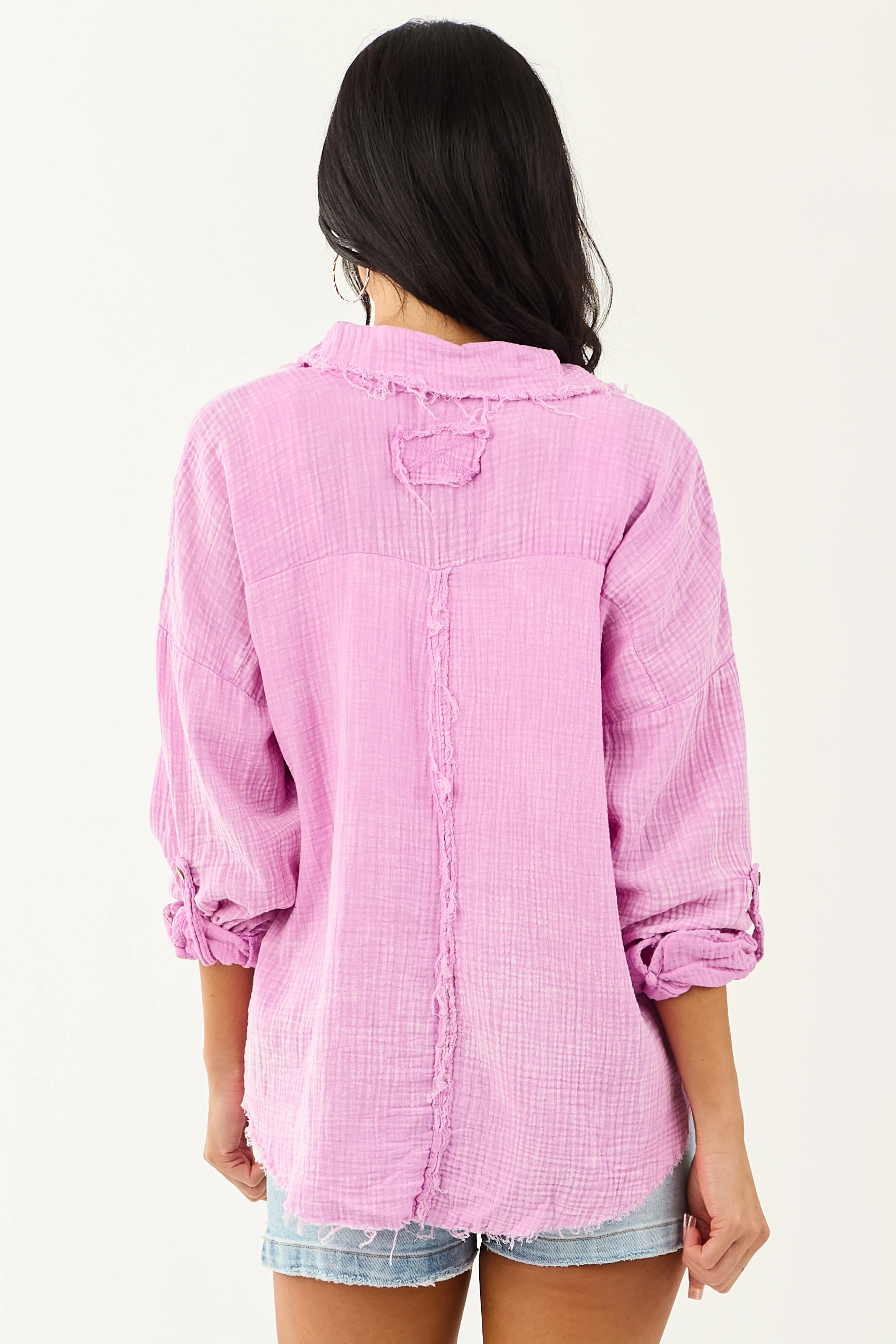 Orchid Washed Double Gauze Cotton Button Down Top - Image 7