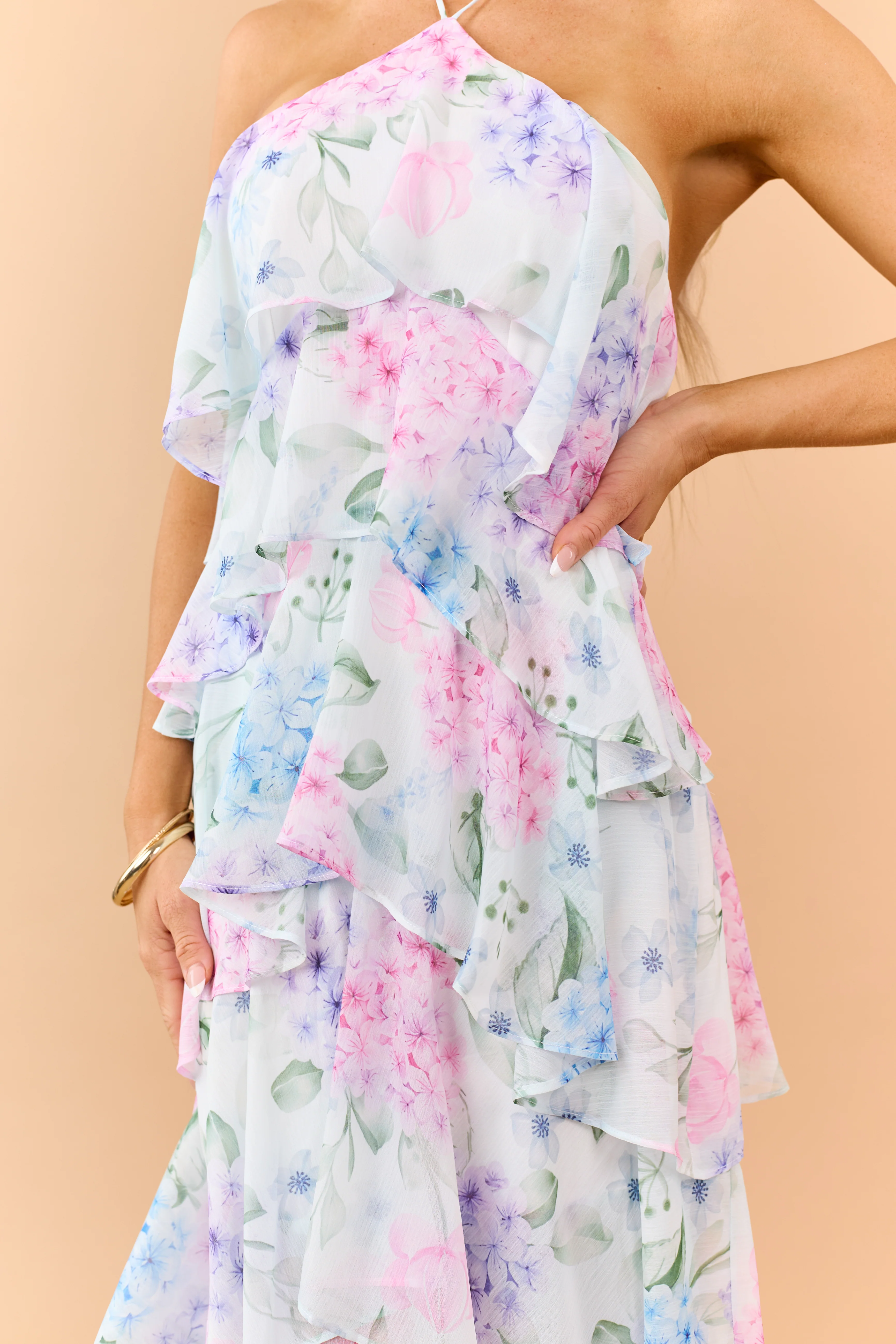 Pastel Blue Floral Print Ruffle Tiered Maxi Dress - Image 6