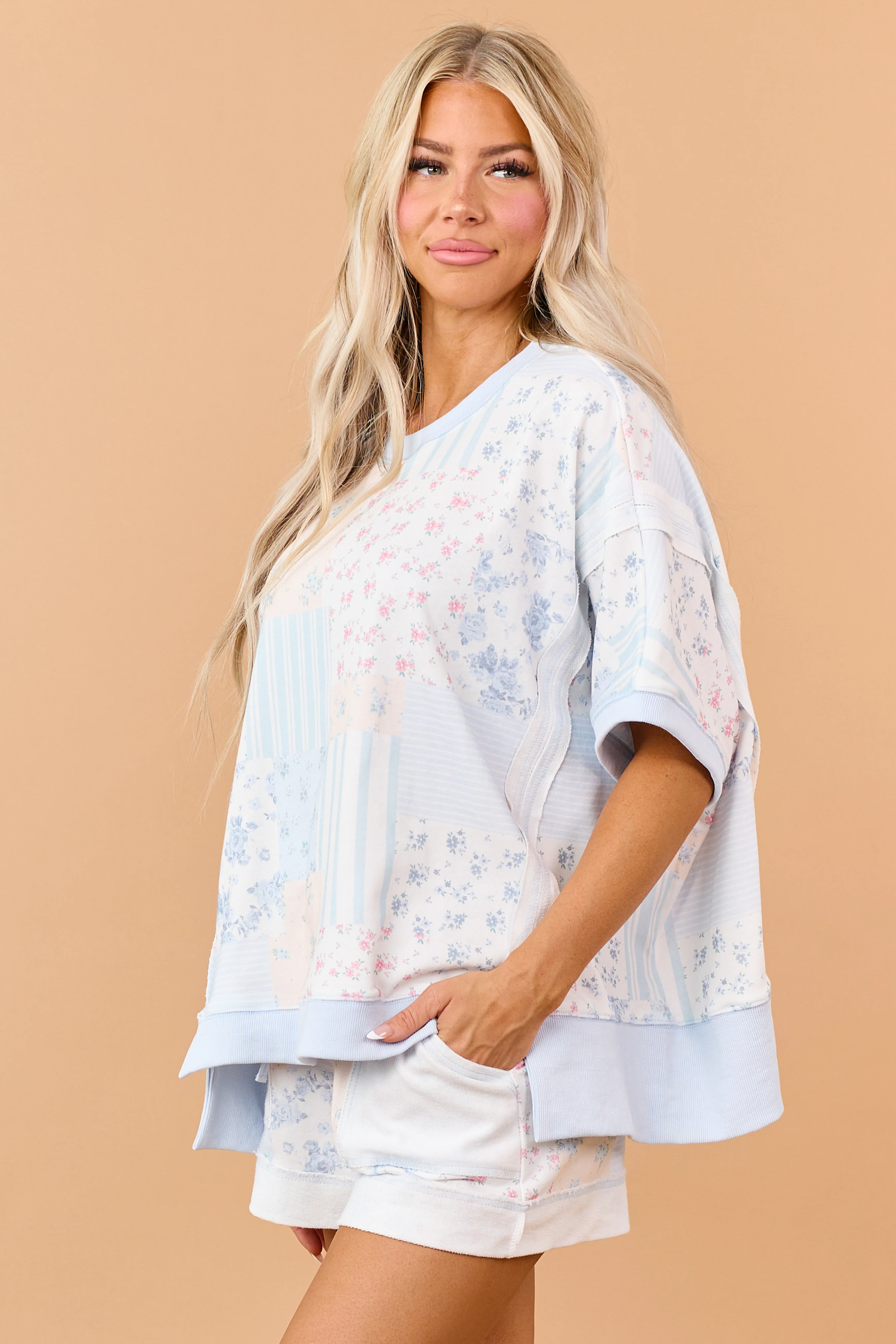 Pastel Blue Patchwork Half Sleeve Knit Top - Image 5