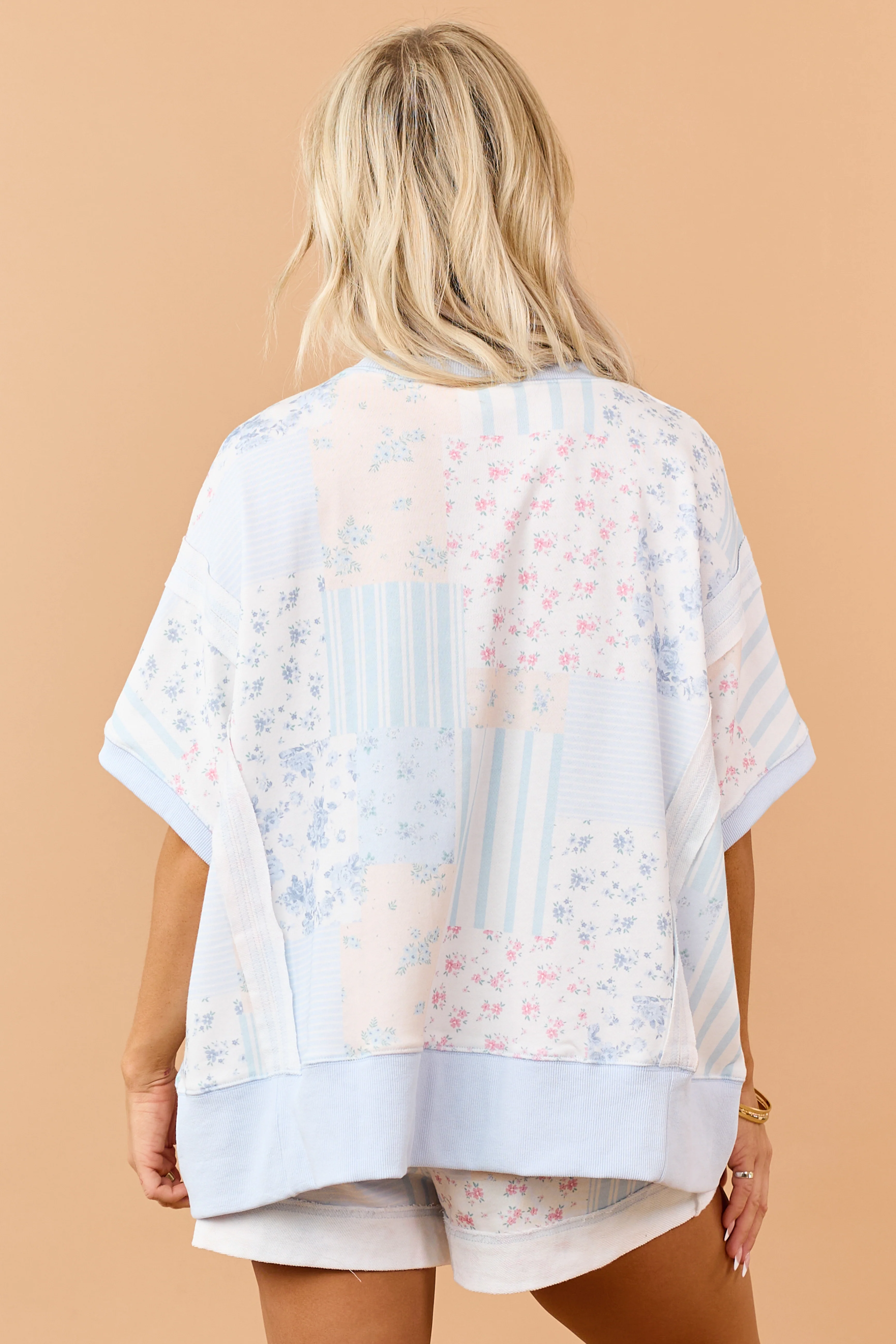 Pastel Blue Patchwork Half Sleeve Knit Top - Image 6