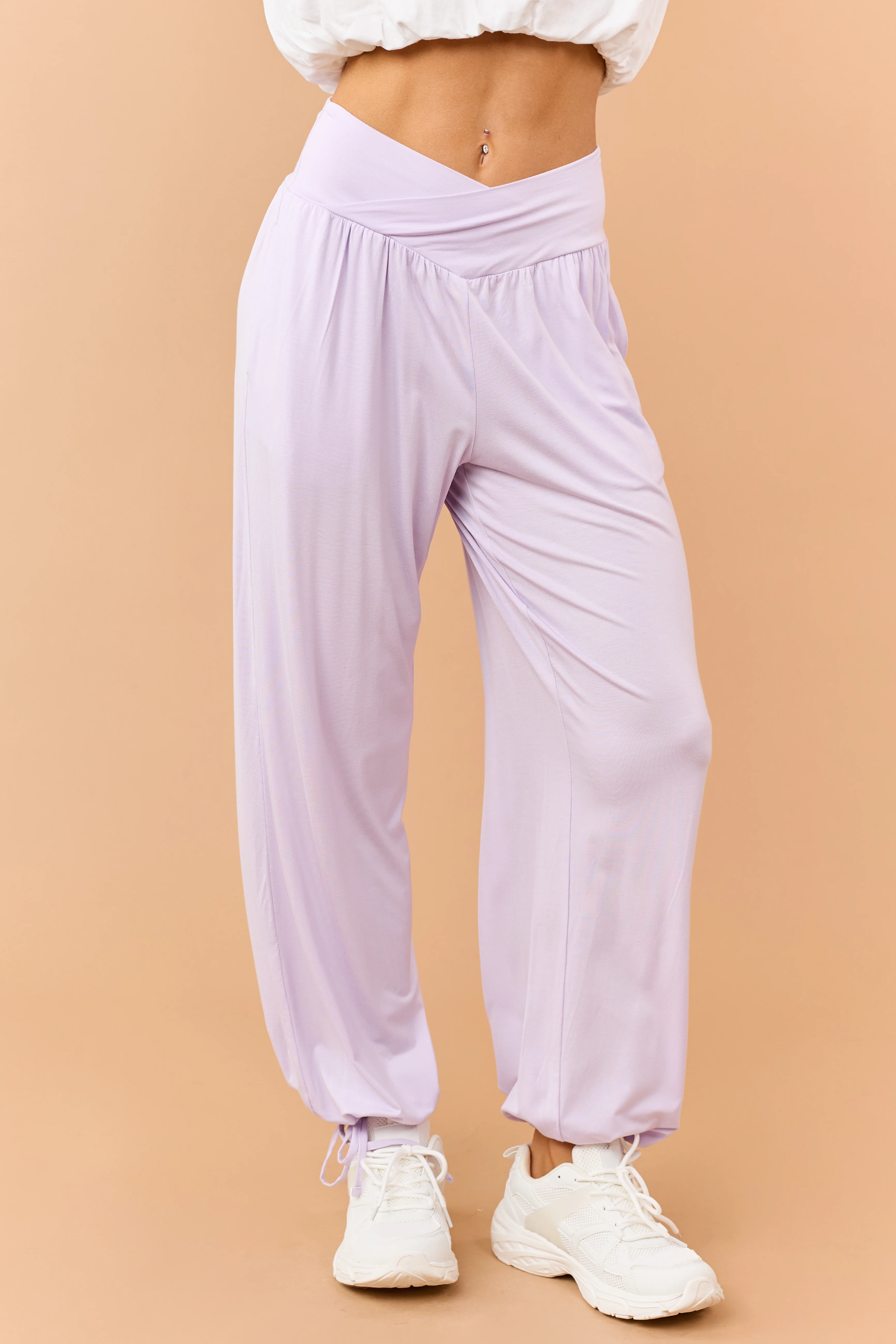 Pastel Iris Crossover Wrap Waist Cinch Hem Pants - Image 2