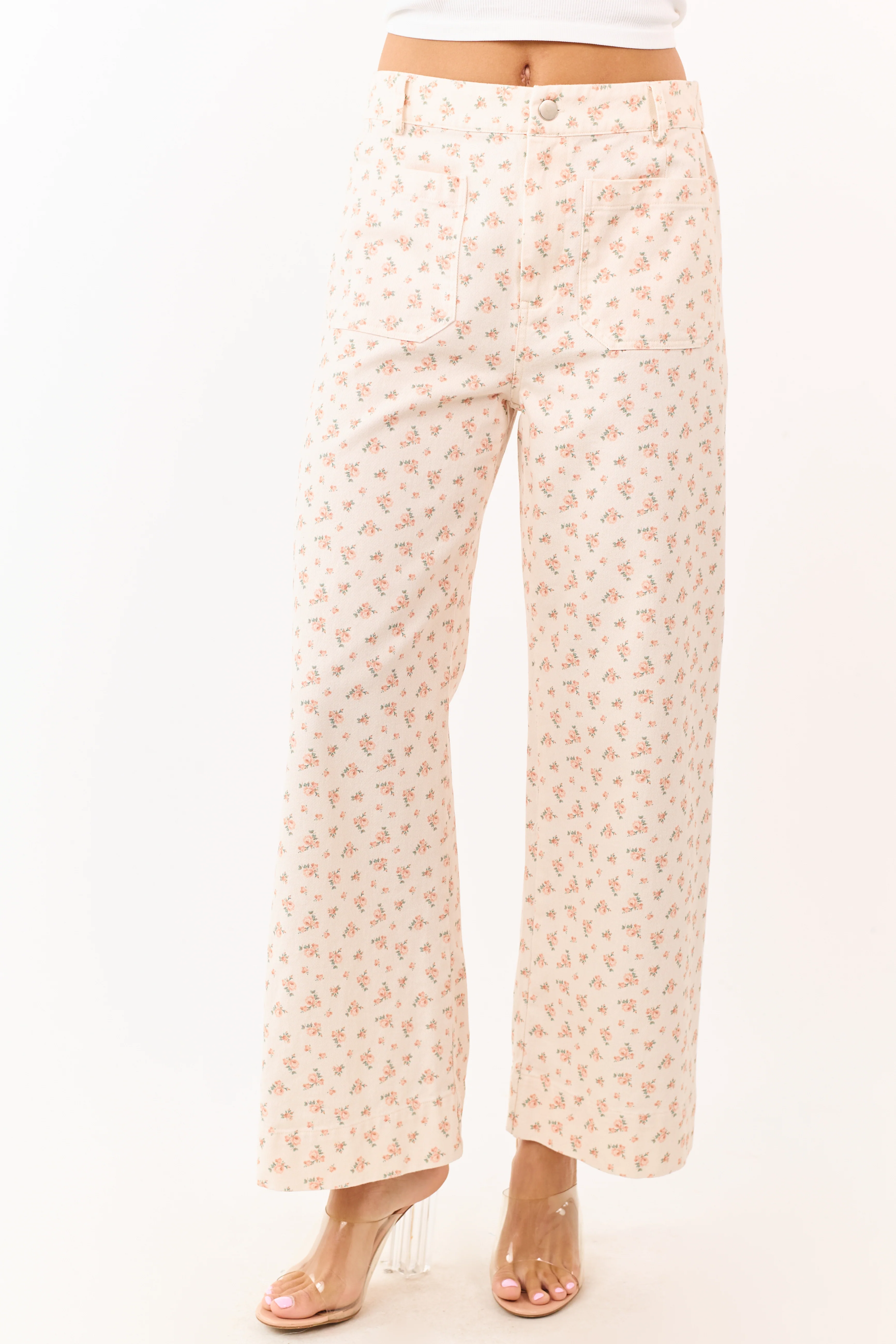 Peach Ditsy Floral Patch Pocket Wide Leg Jeans - Image 2