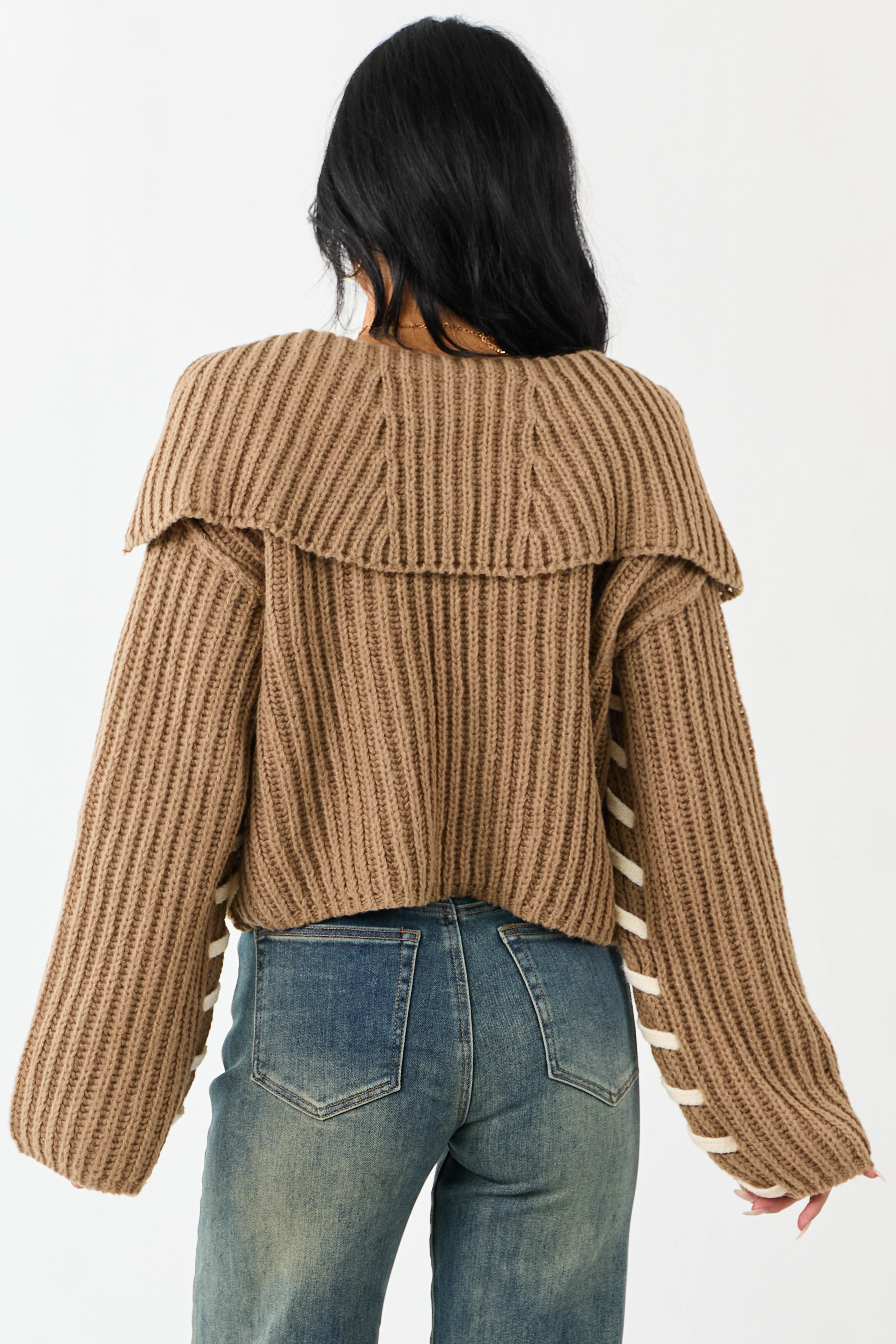 Peanut Contrast Stitching Rib Knit Cardigan - Image 7
