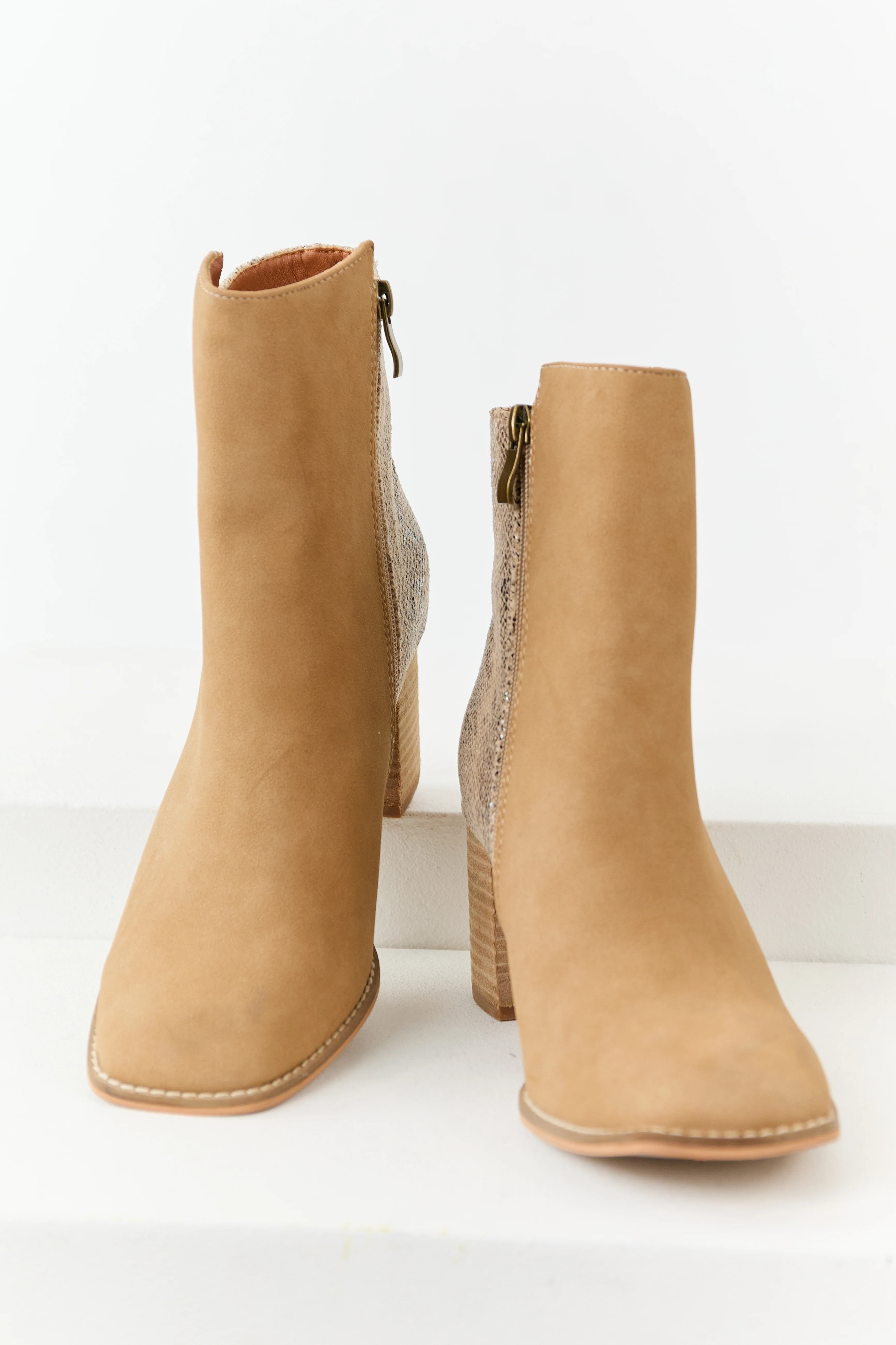 Peanut Faux Snakeskin Contrast Block Heel Booties - Image 2