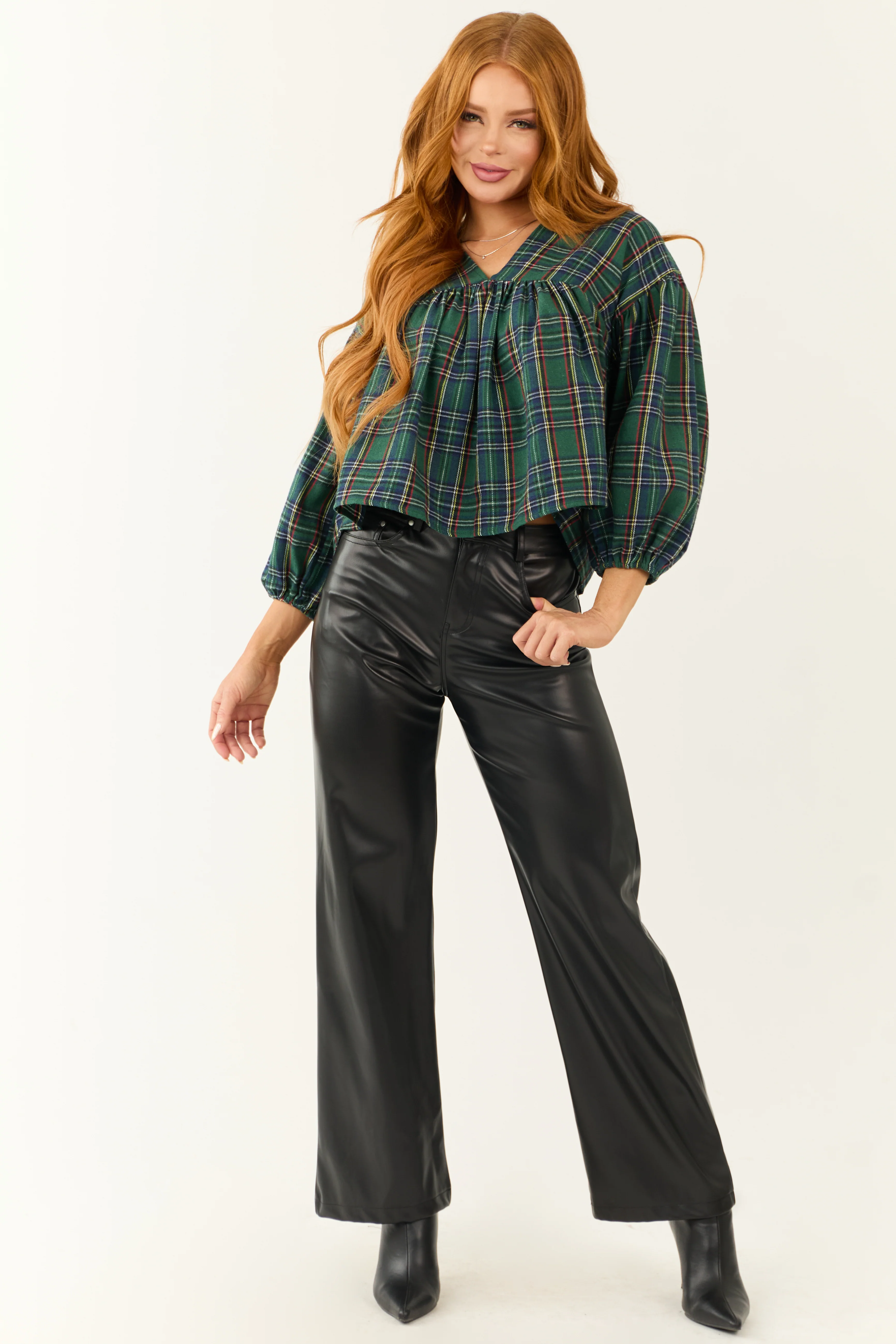 Pine Plaid Long Sleeve Top with Tie Back - Image 2