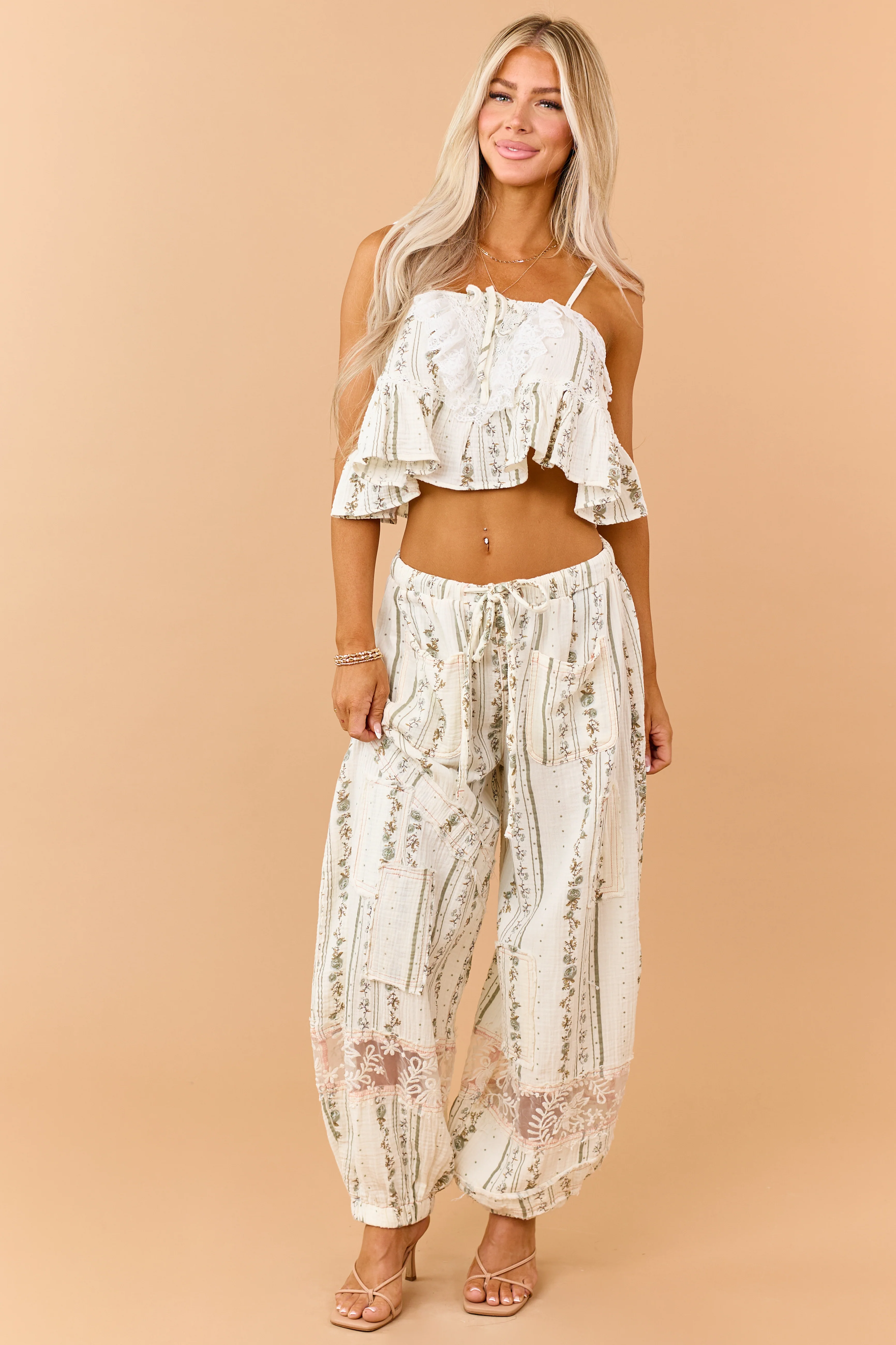 POL Cream Cotton Floral Print Cropped Tank Top - Image 4