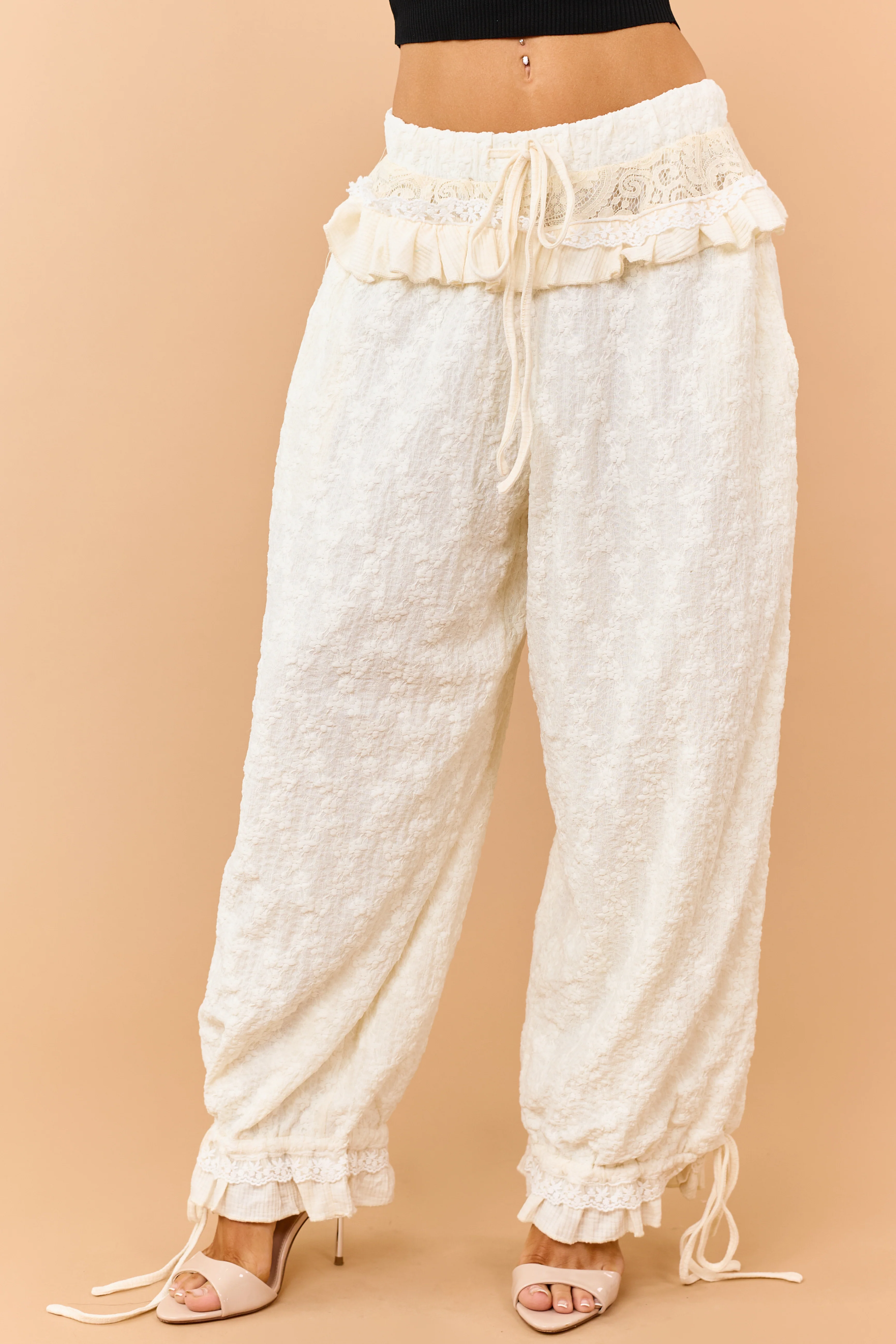 POL Cream Floral Lace Ruffle Trim Wide Leg Pants - Image 2