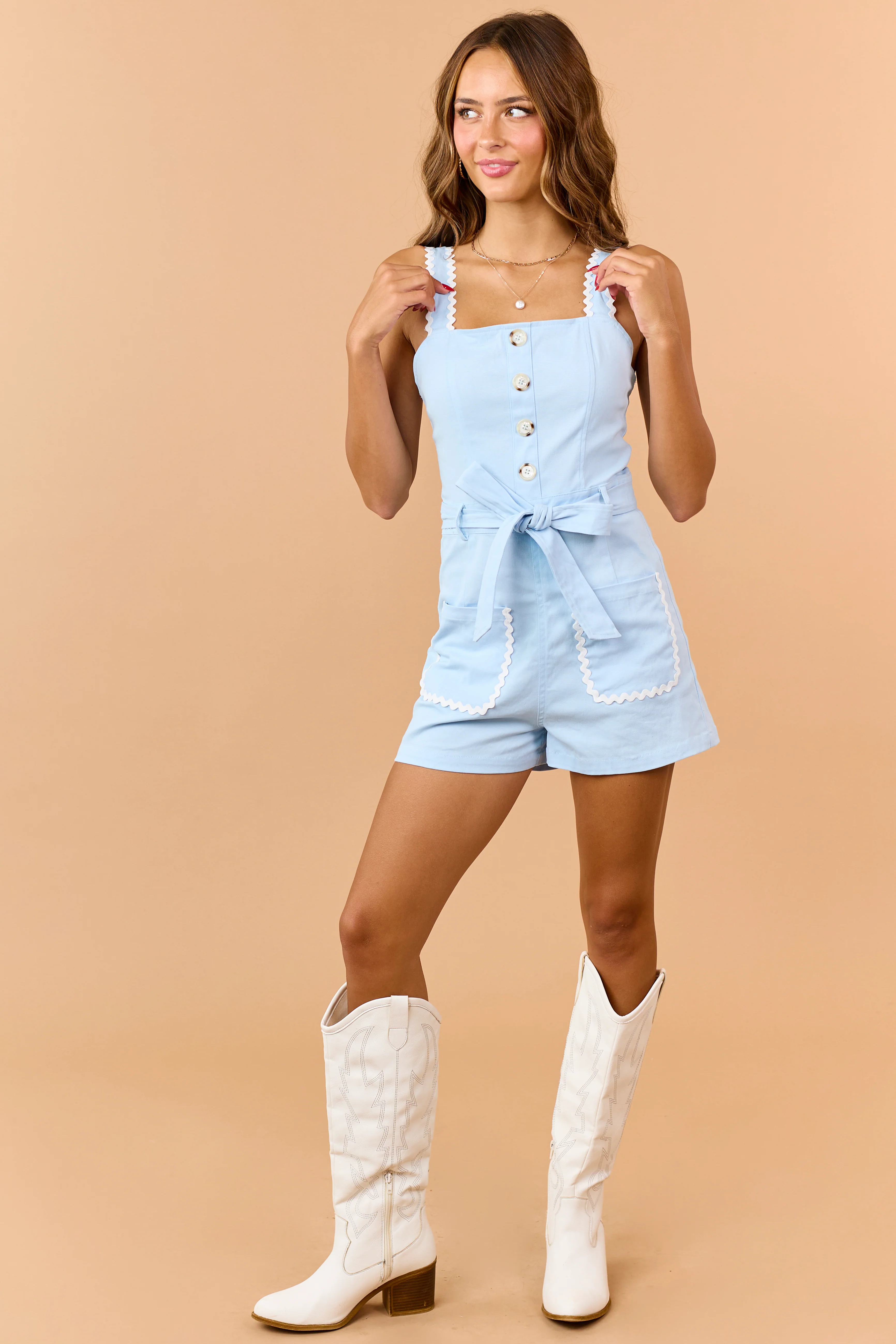 Powder Blue Denim Contrast Trim Sleeveless Romper - Image 4