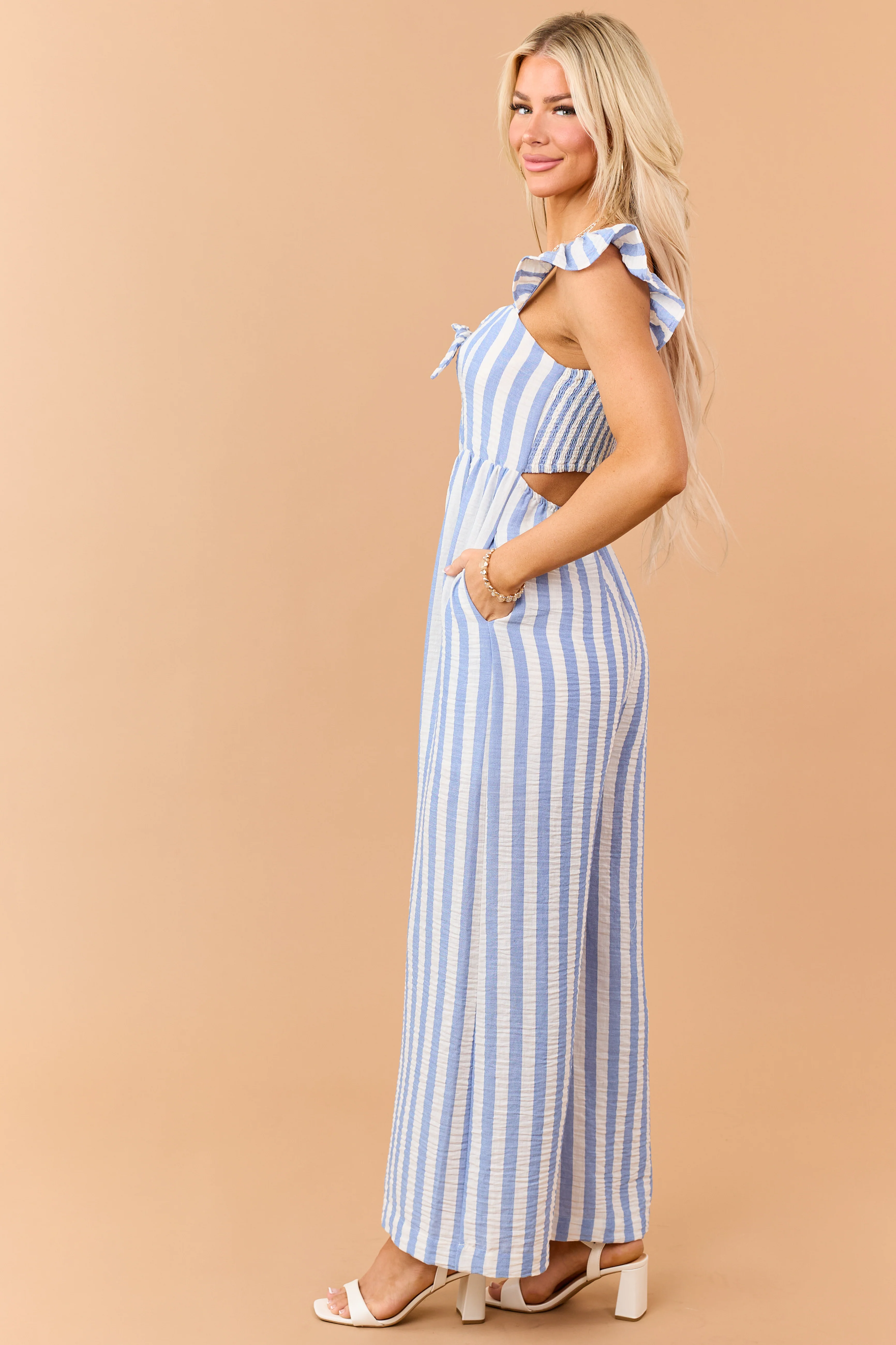 Powder Blue Striped Bust Tie Wide Leg Jumpsuit - Image 6