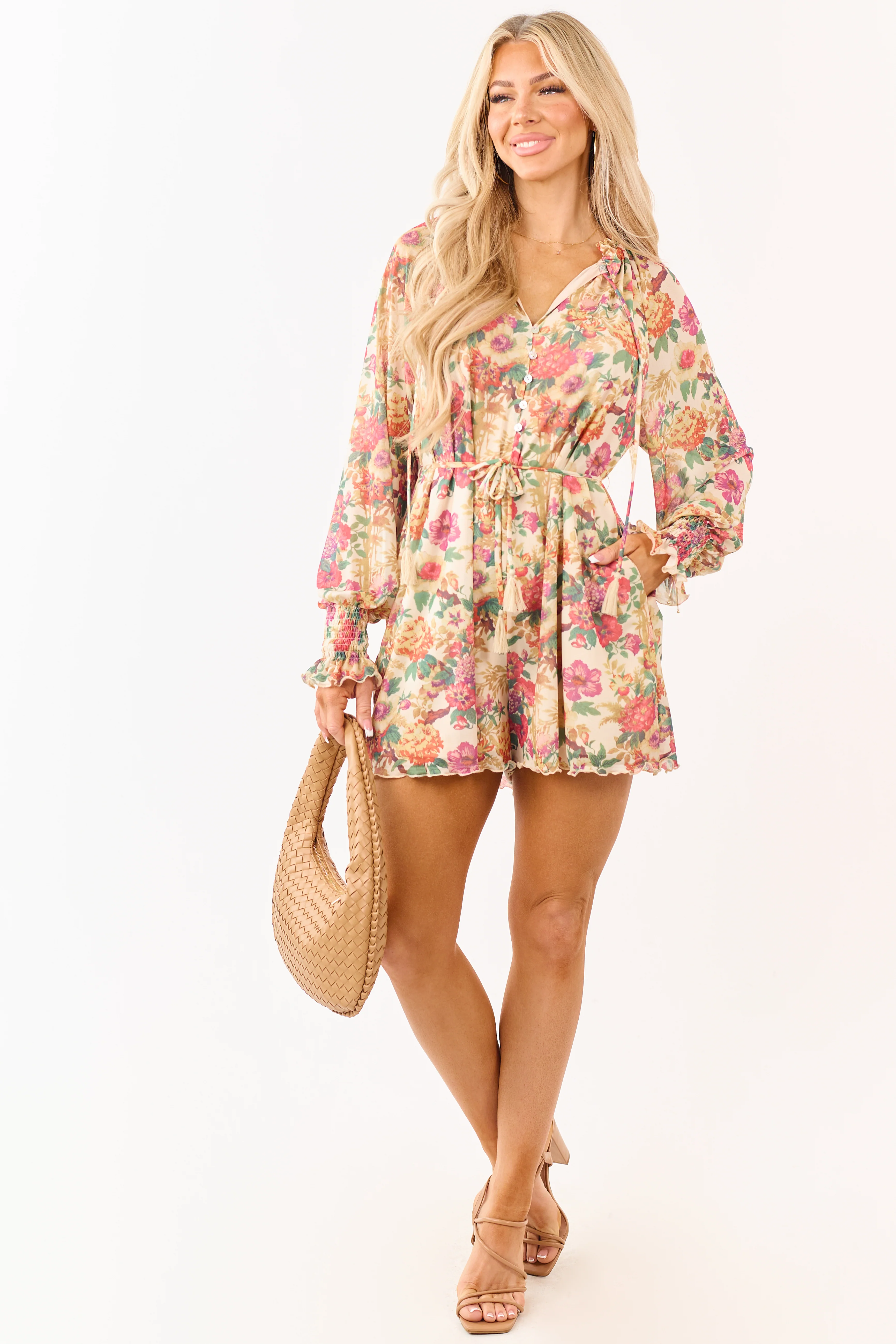 Promesa Almond Floral Mesh Long Sleeve Romper - Image 2