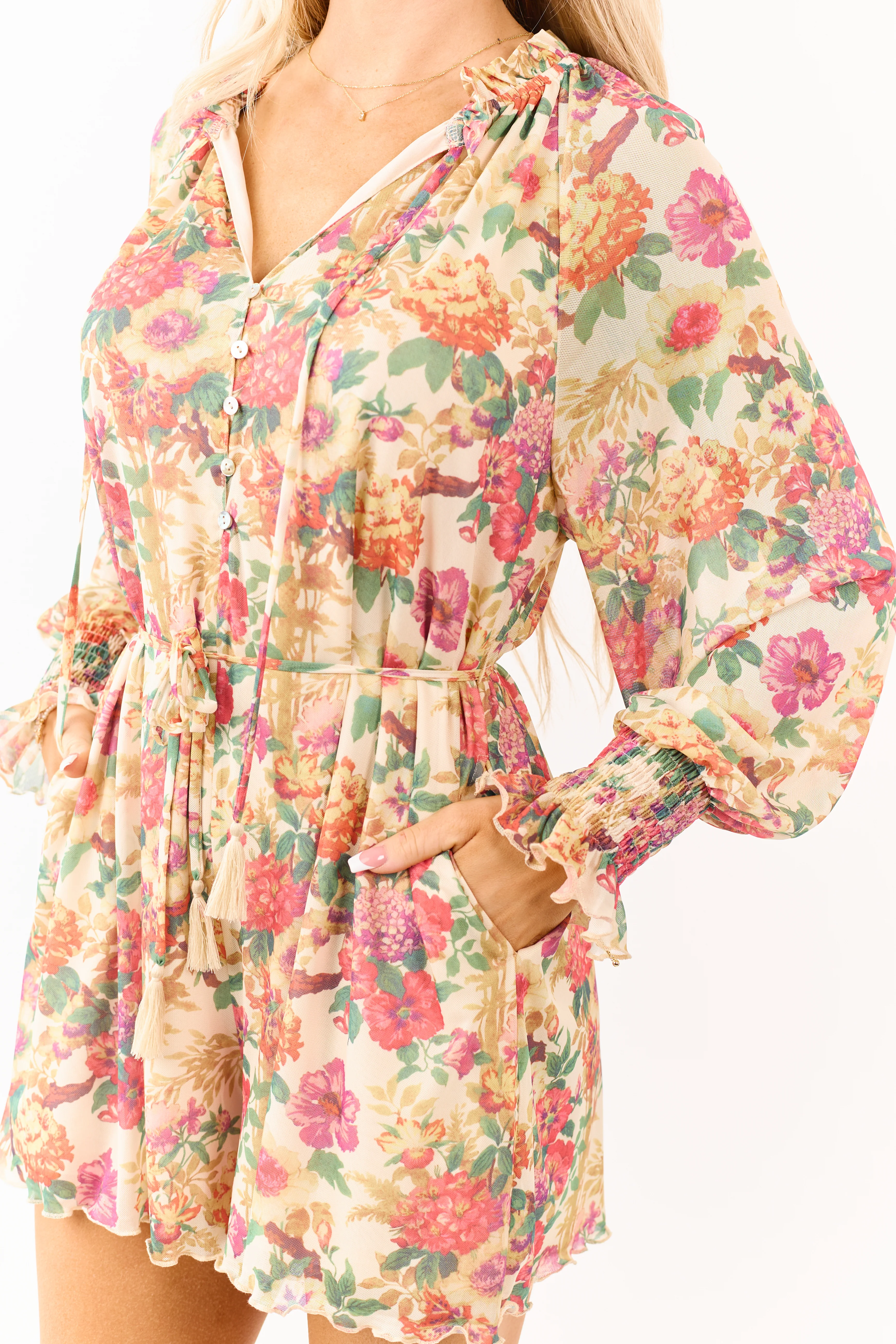 Promesa Almond Floral Mesh Long Sleeve Romper - Image 6