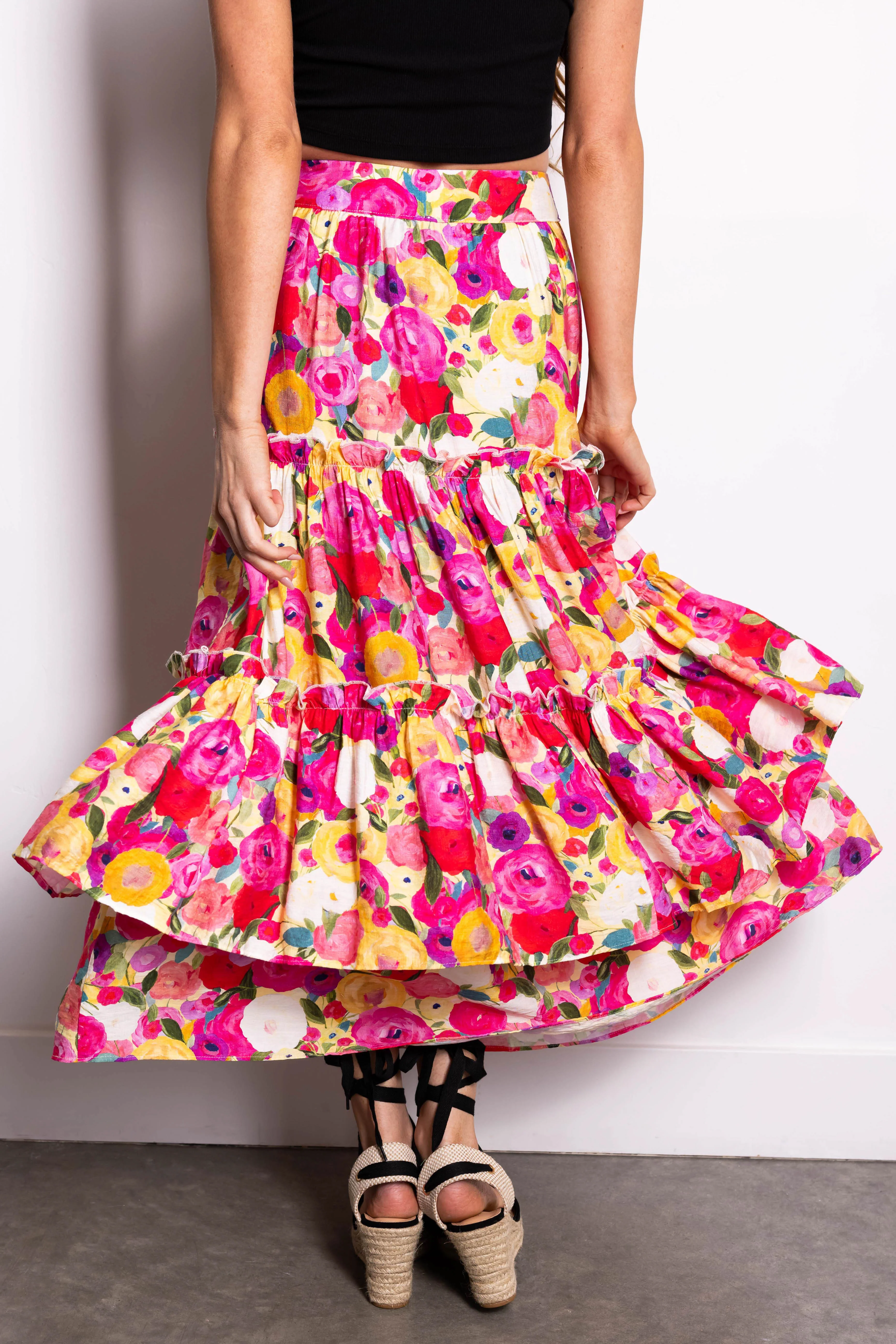 Raspberry Floral Print Tiered Maxi Skirt - Image 5