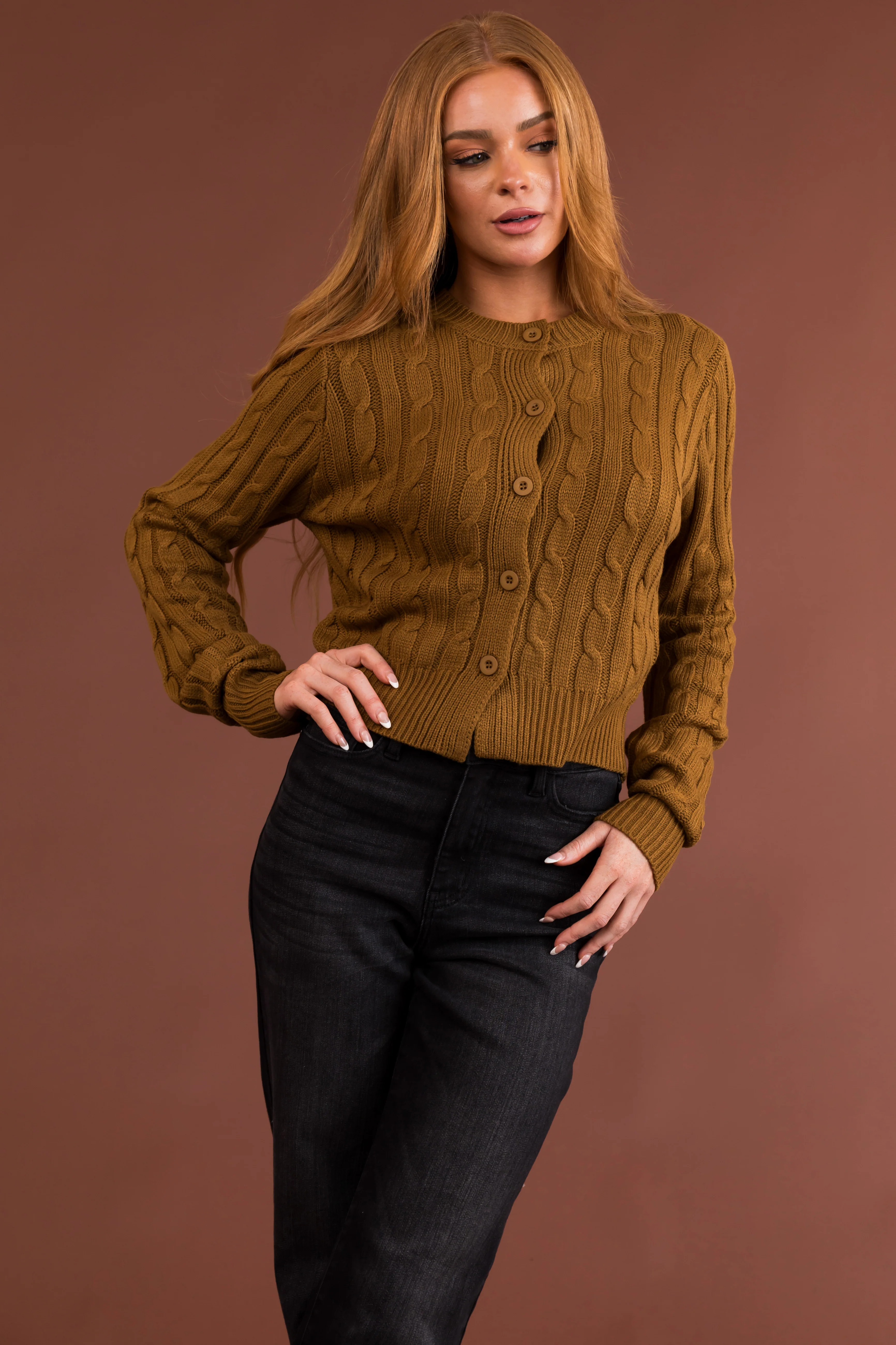 Rich Peanut Cable Knit Cropped Cardigan Sweater - Image 2