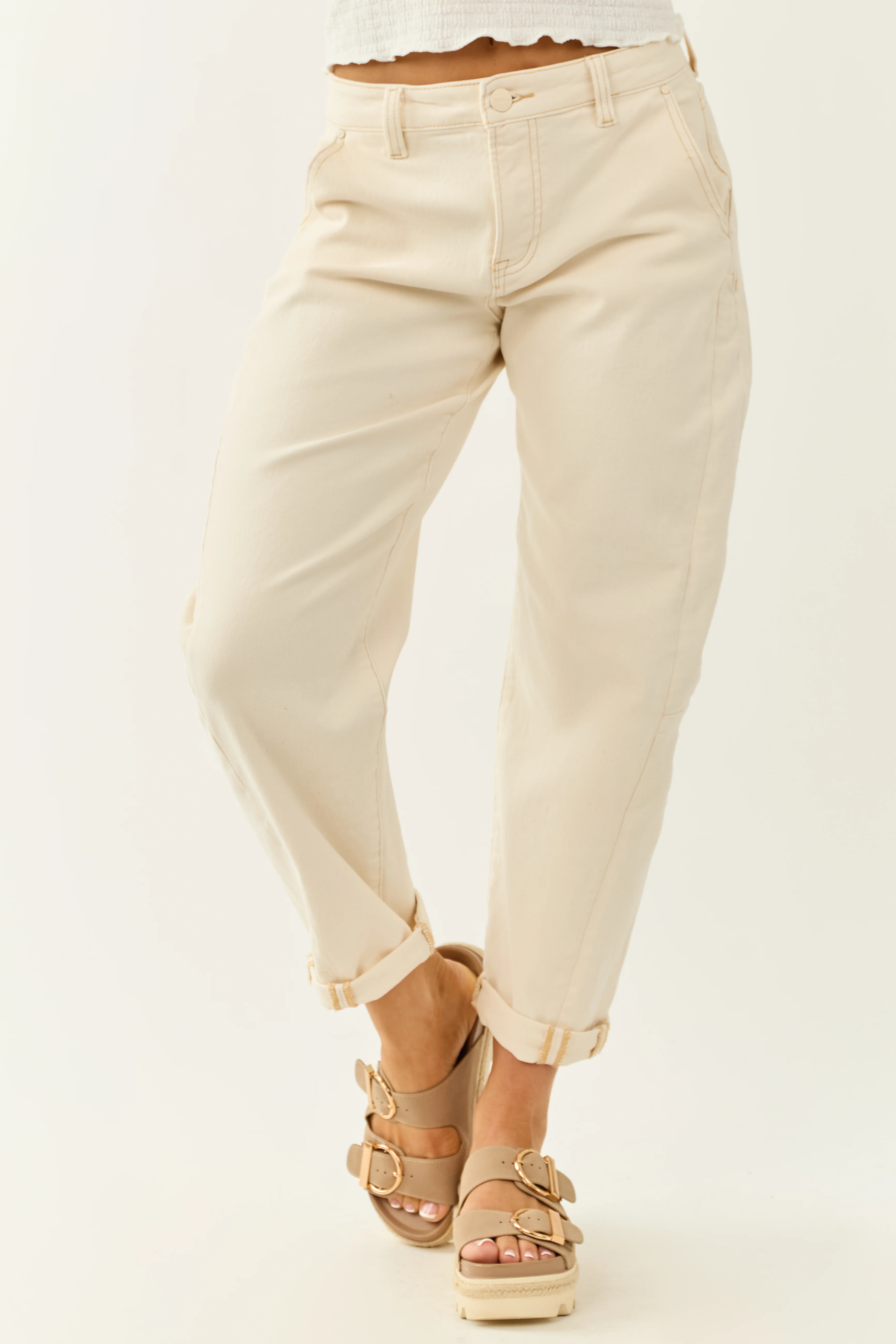Risen Ivory High Rise Cuffed Stretchy Barrel Jeans - Image 2