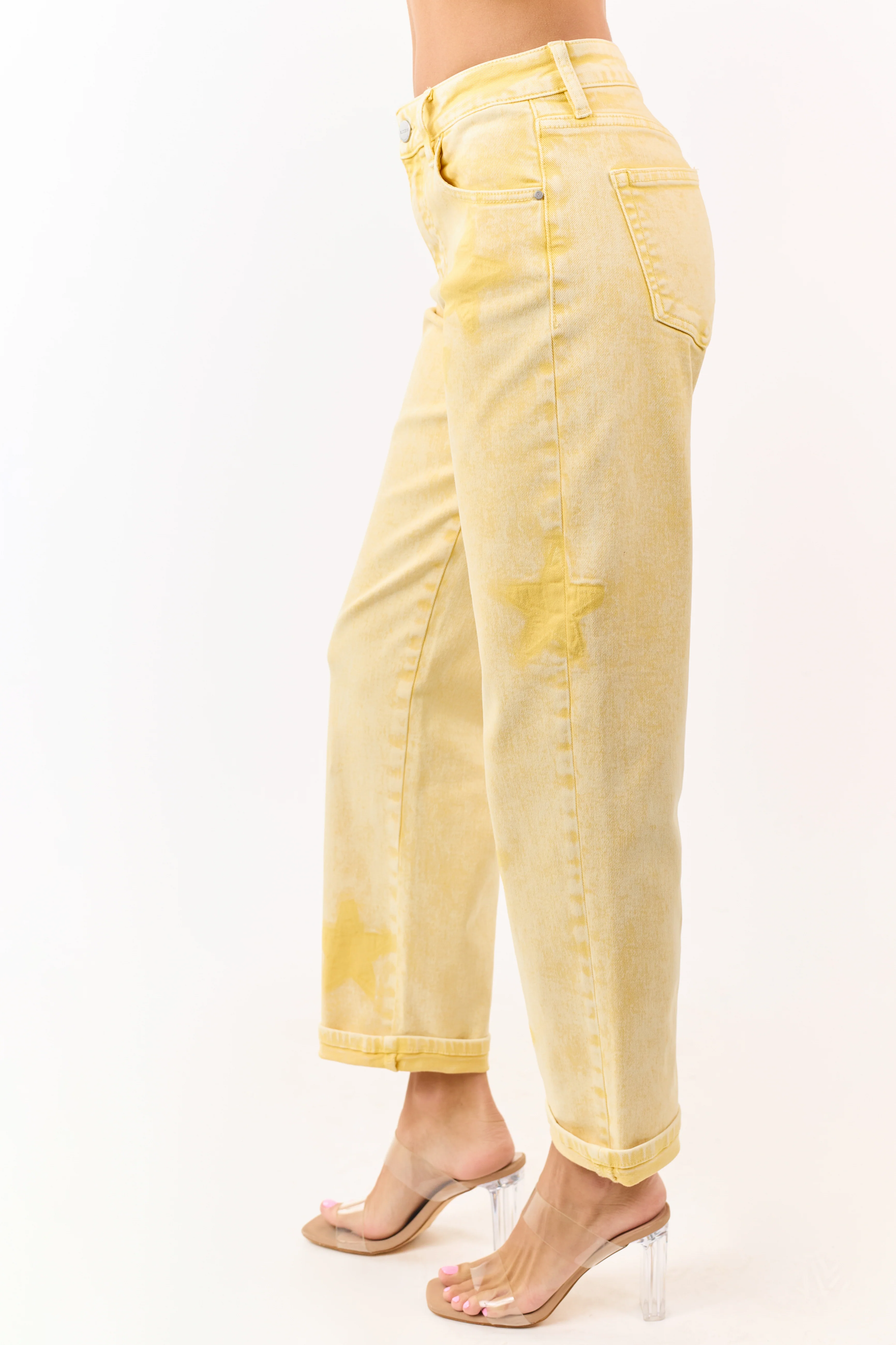 Risen Lemon Washed Star Stretchy Slim Barrel Jeans - Image 3