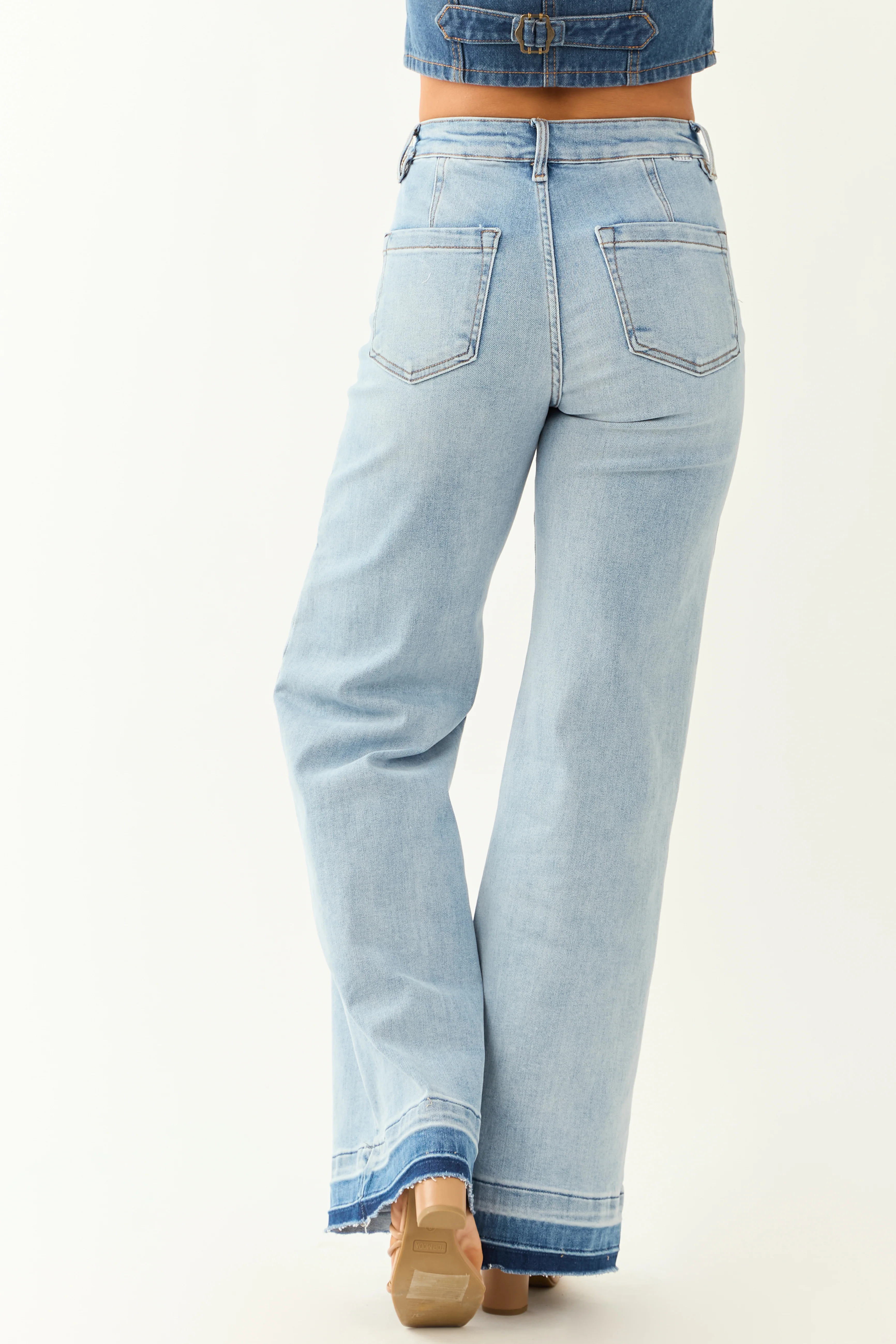 Risen Light Wash Stretchy Ombre Hem Wide Leg Jeans - Image 5