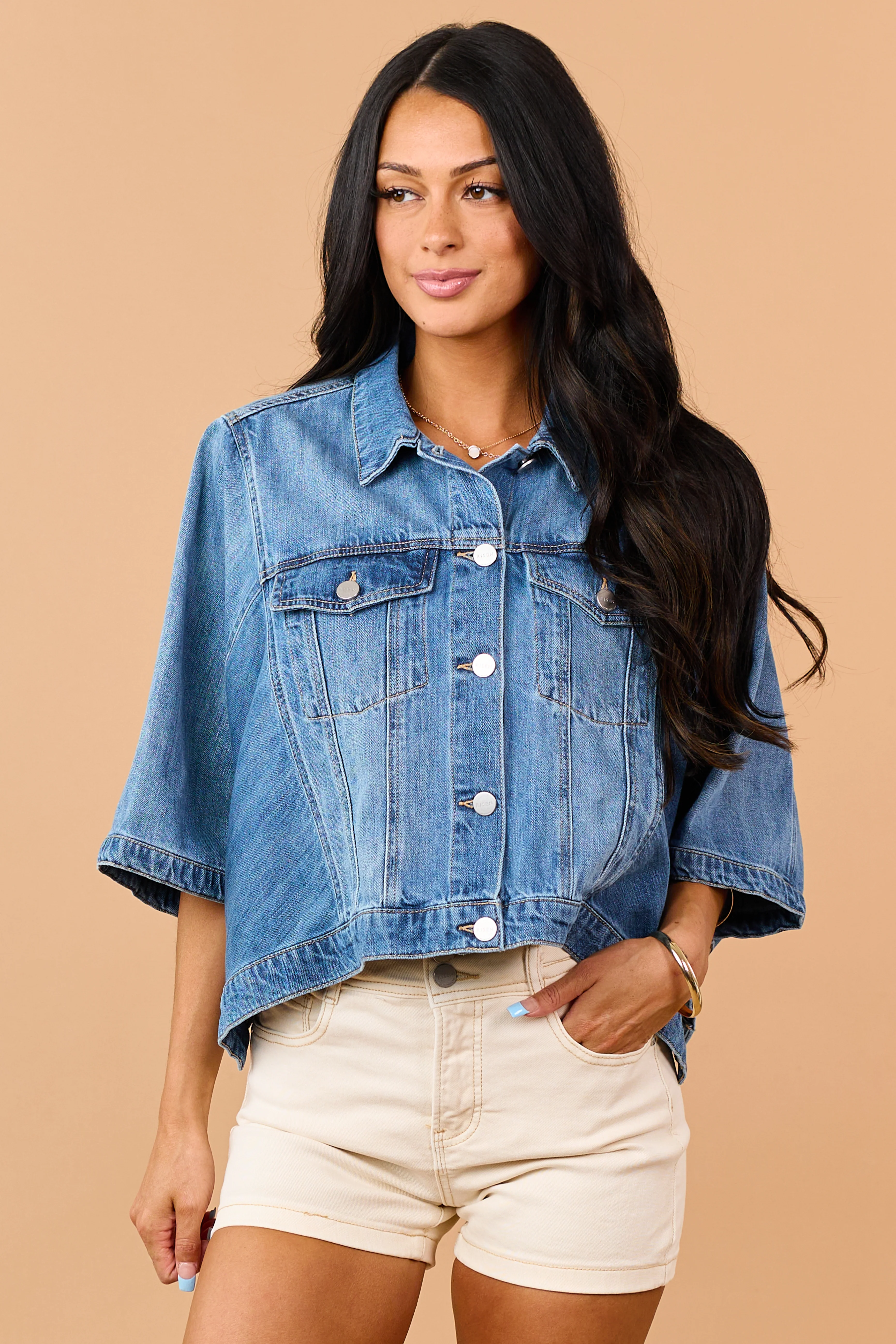 Risen Medium Wash Denim Button Down Poncho Jacket