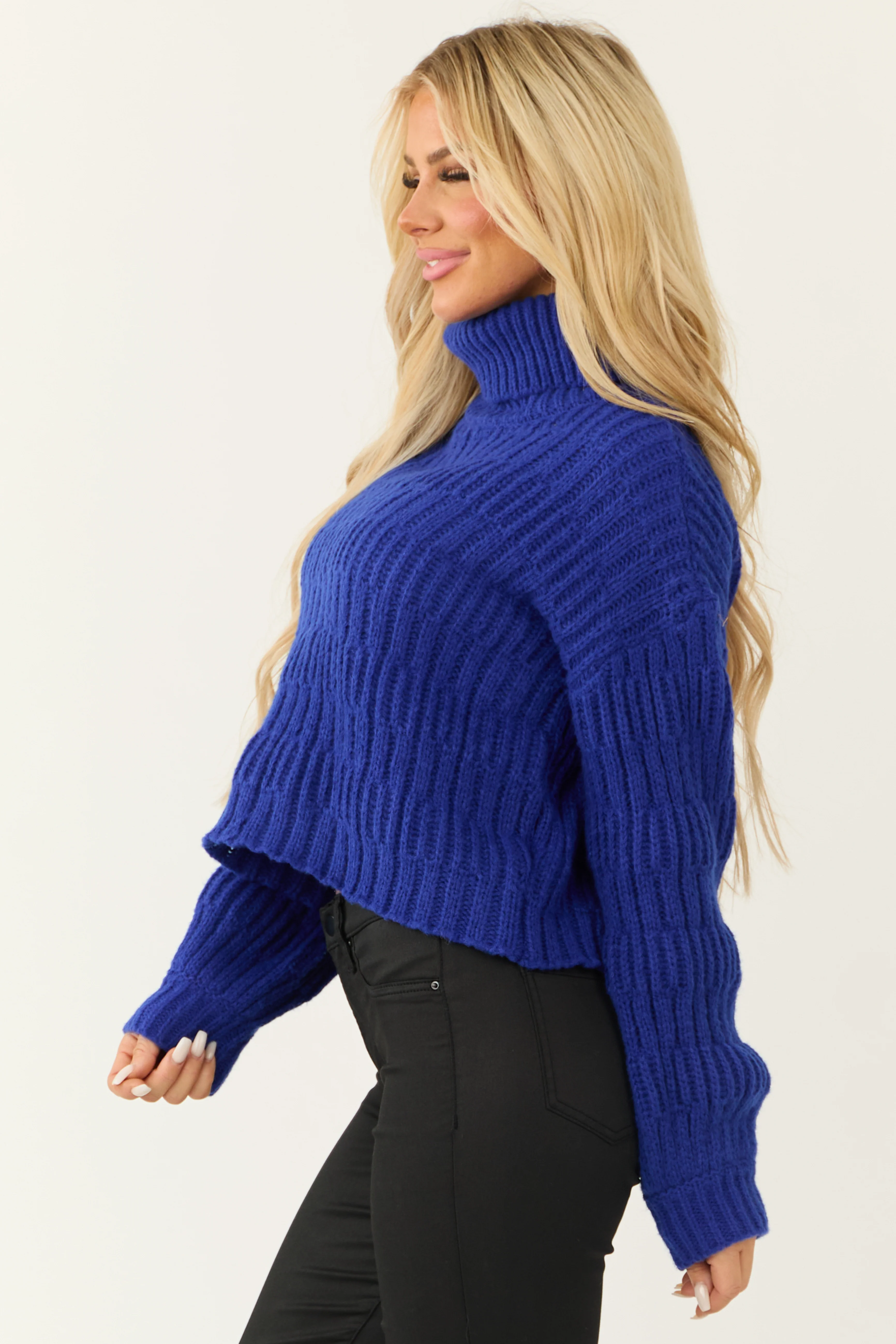 Royal Blue Turtleneck Textured Knit Sweater - Image 4