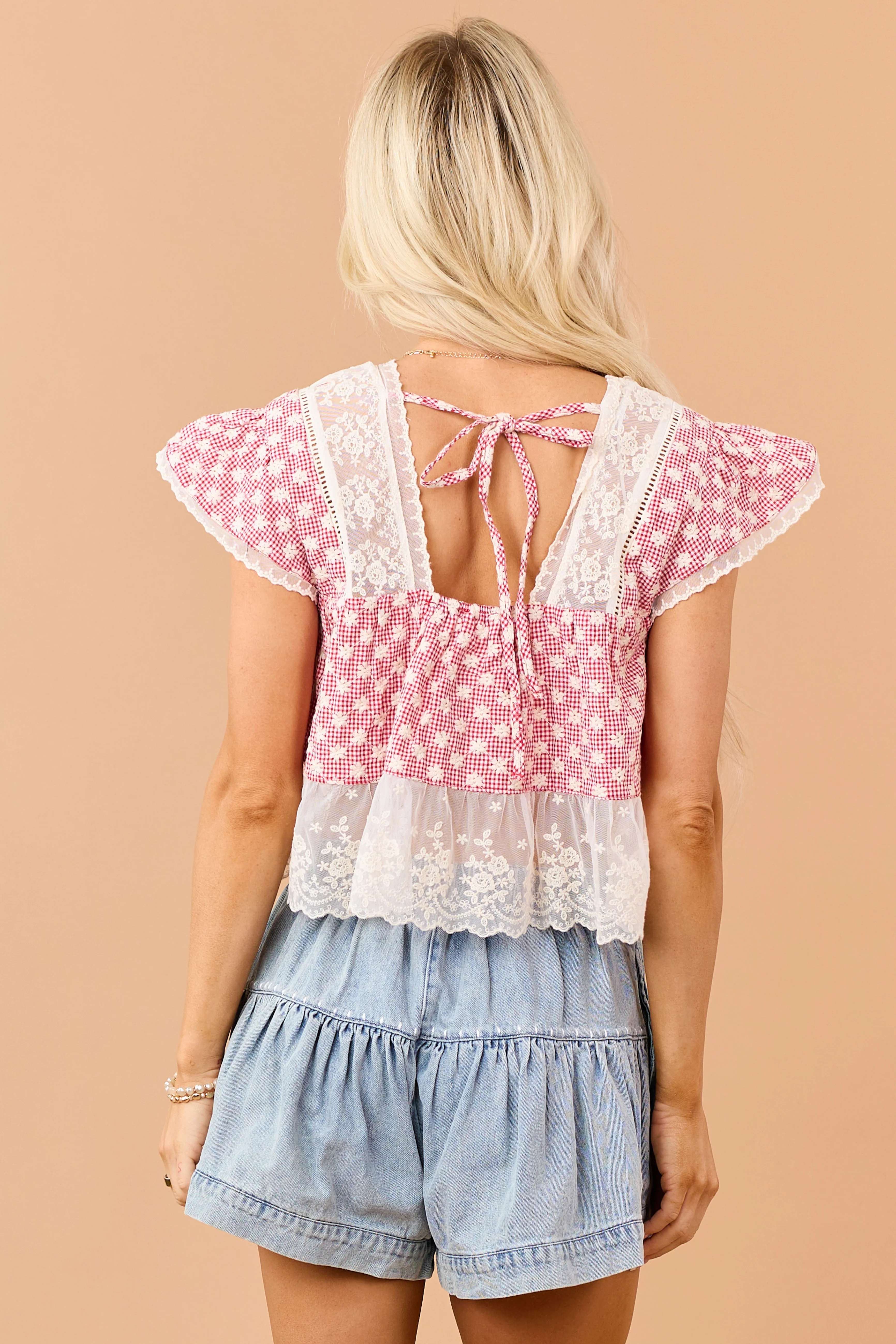 Ruby Gingham Floral Embroidered Lace Trim Top - Image 6