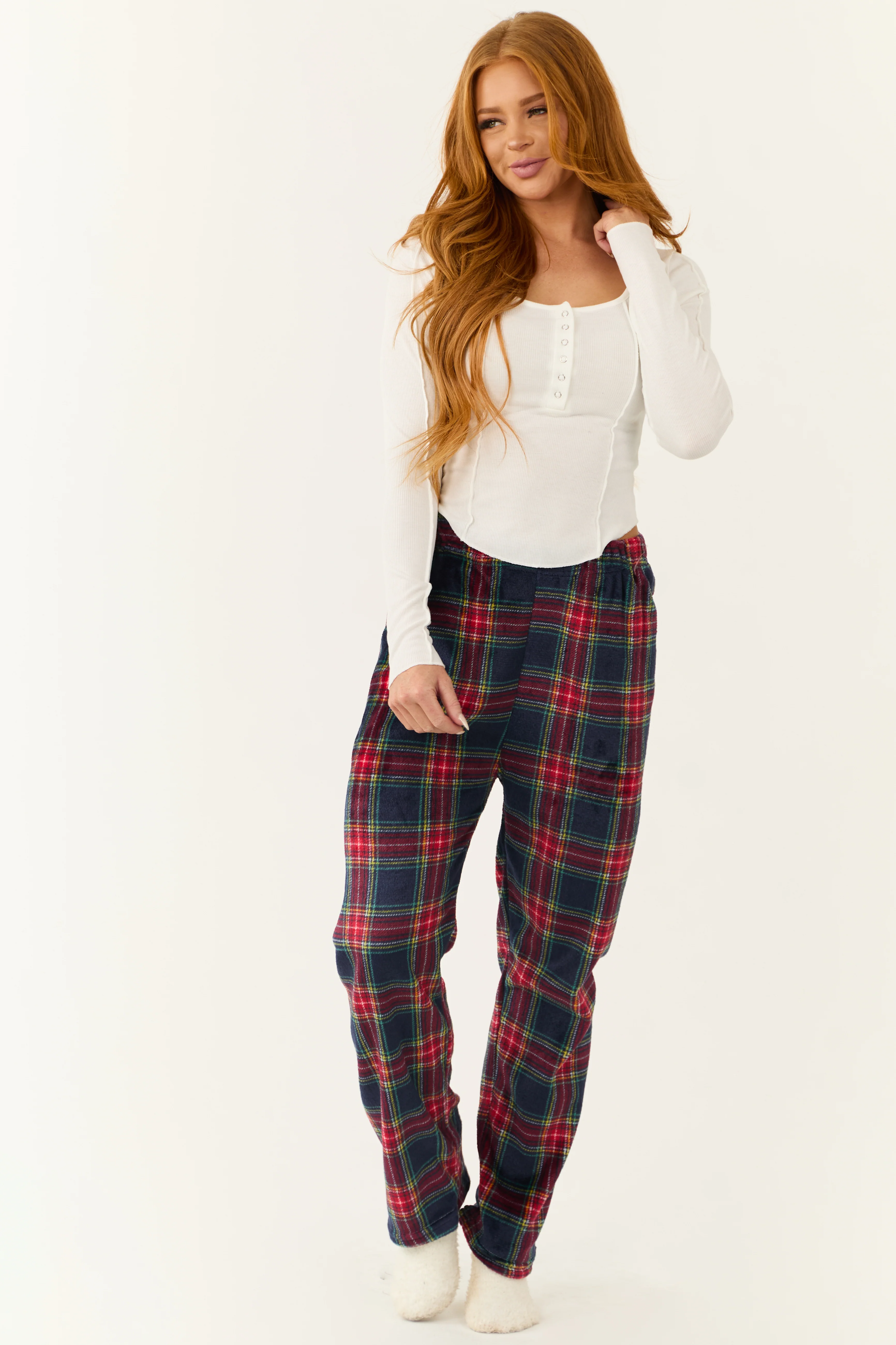 Ruby and Navy Plaid Fleece Pajama Pants - Image 6