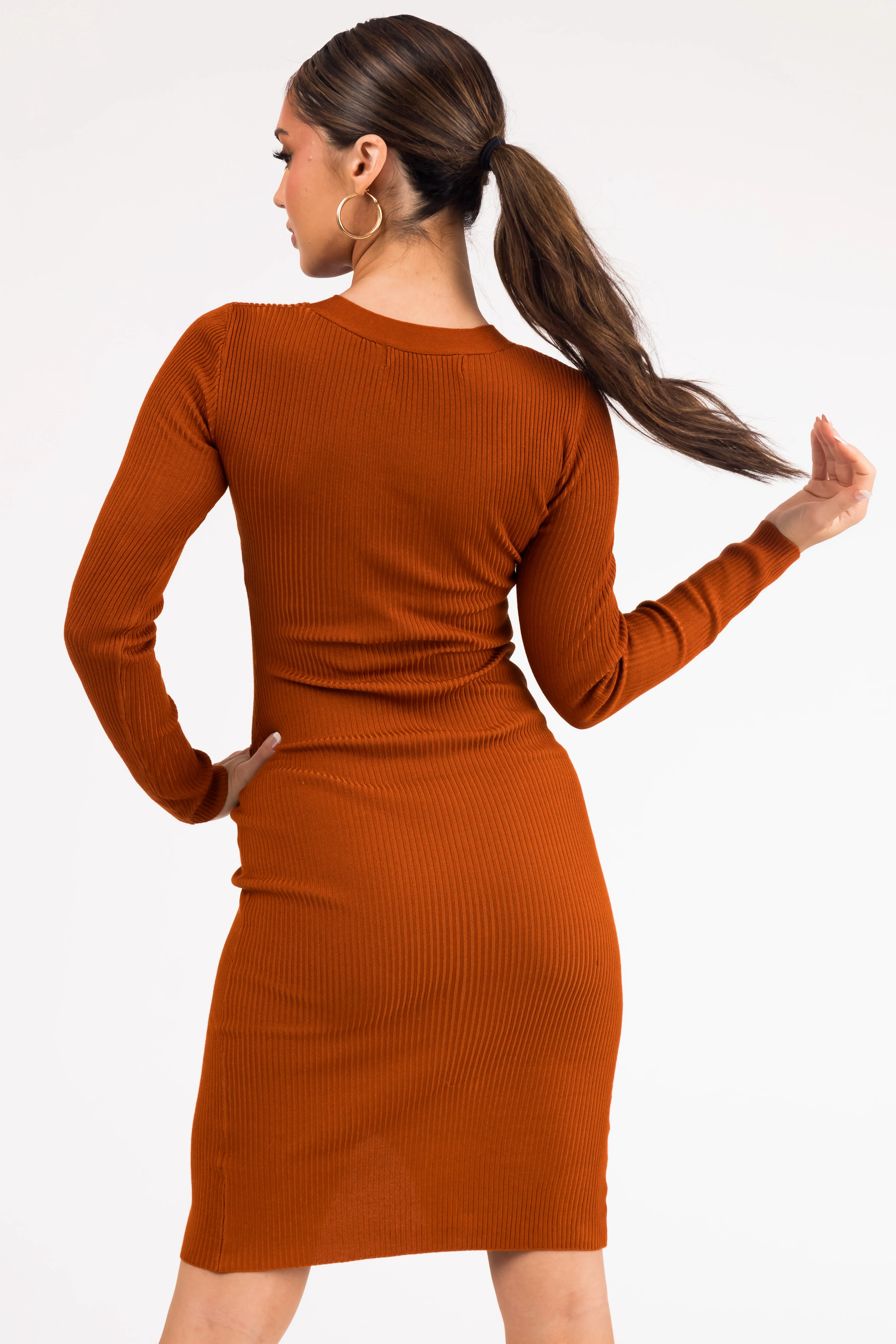 Rust Button Down Long Sleeve Ribbed Midi Dress - Image 5