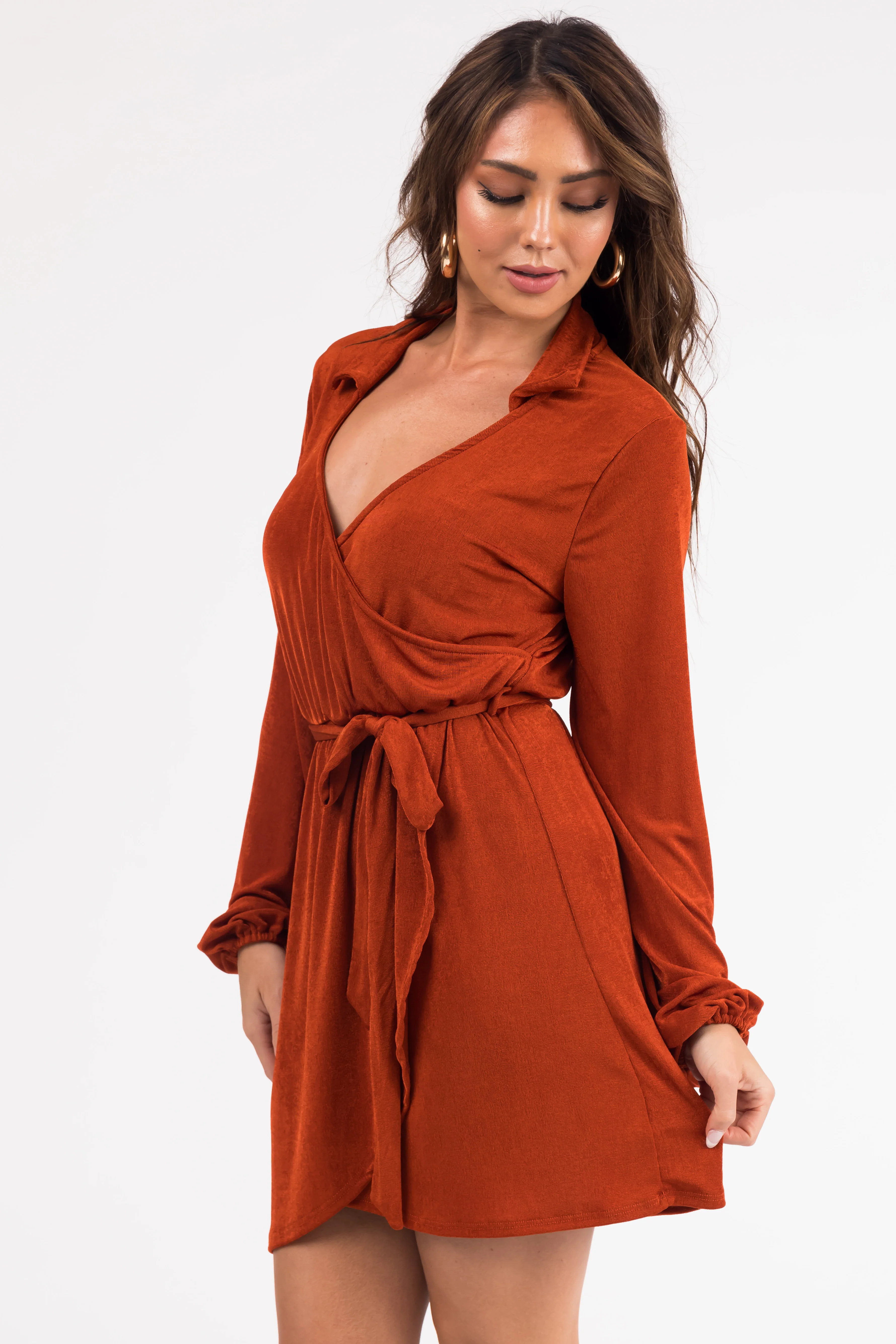 Rust Long Sleeve Surplice Short Dress - Image 3