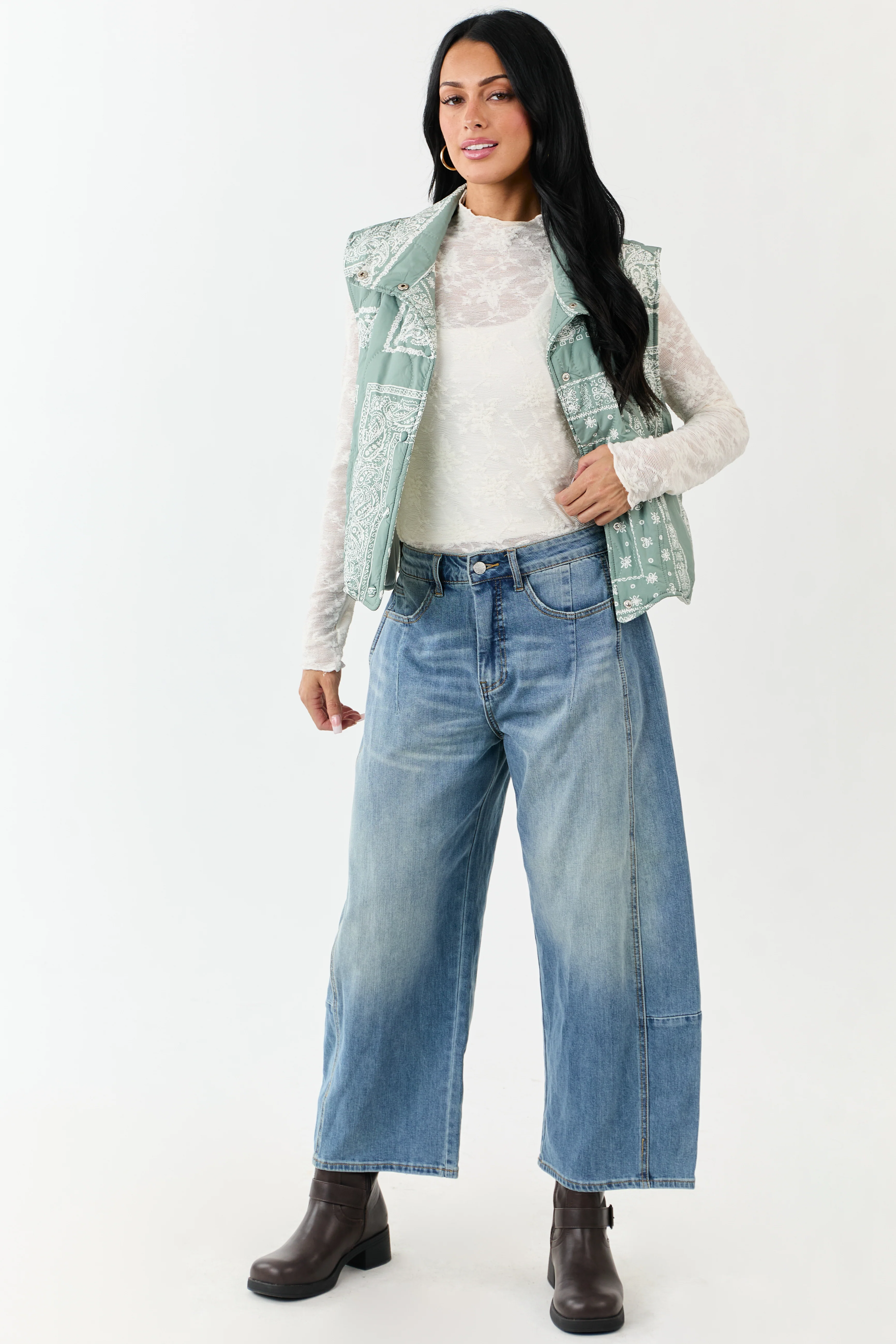 Sage Bandana Print Quilted Button Down Vest - Image 3