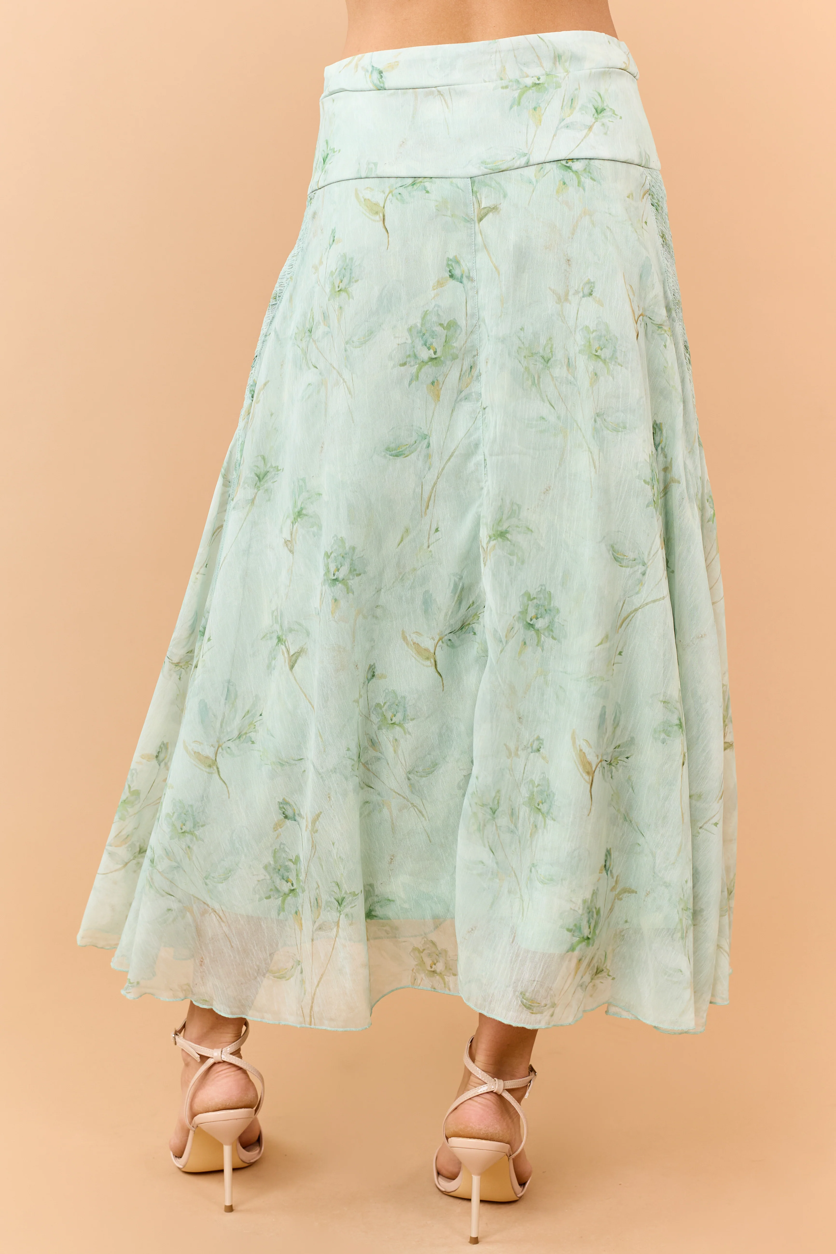 Sage Floral Print Smocked Maxi Skirt - Image 4