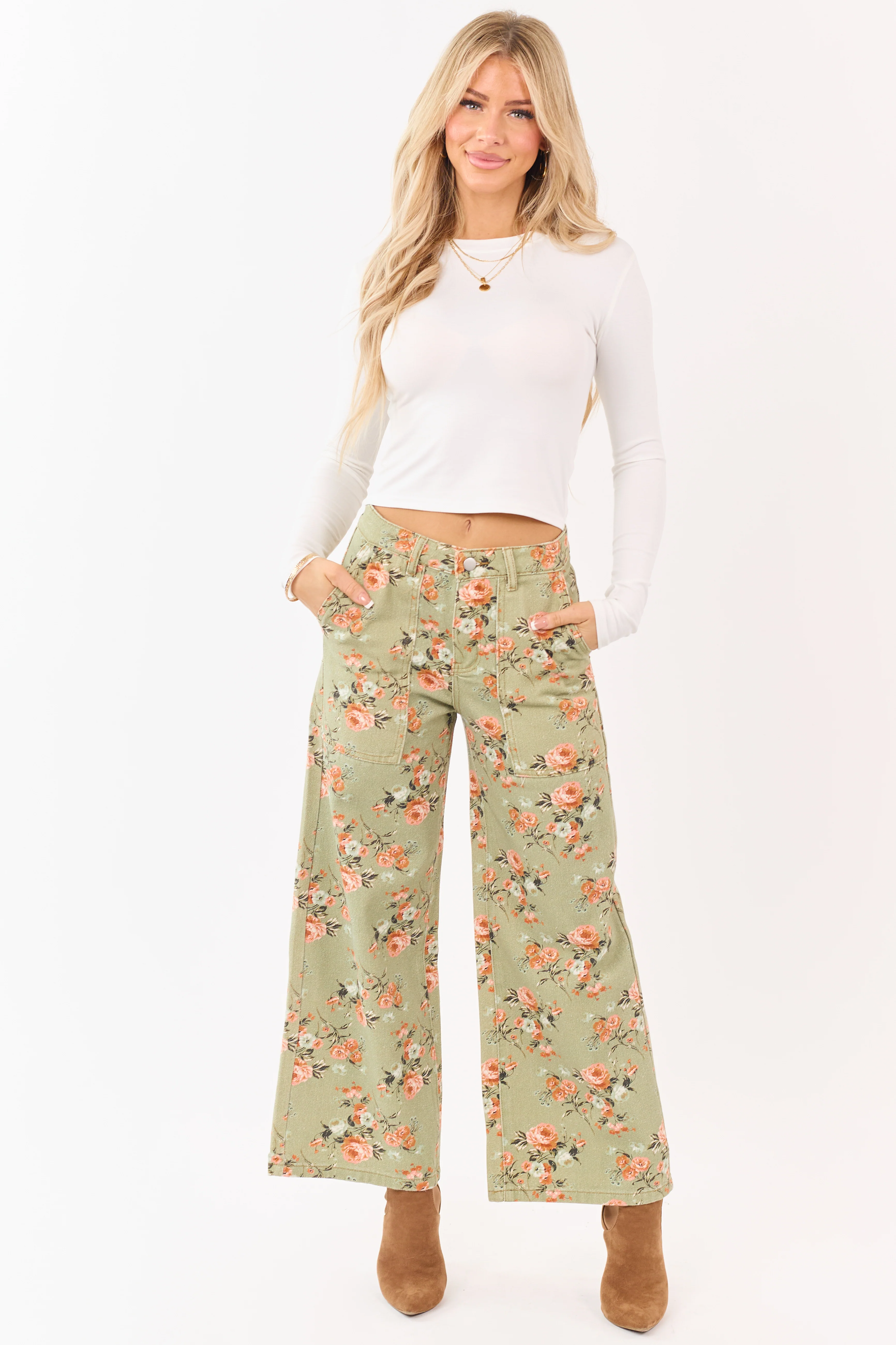 Sage Rose Print Wide Leg High Rise Jeans - Image 2