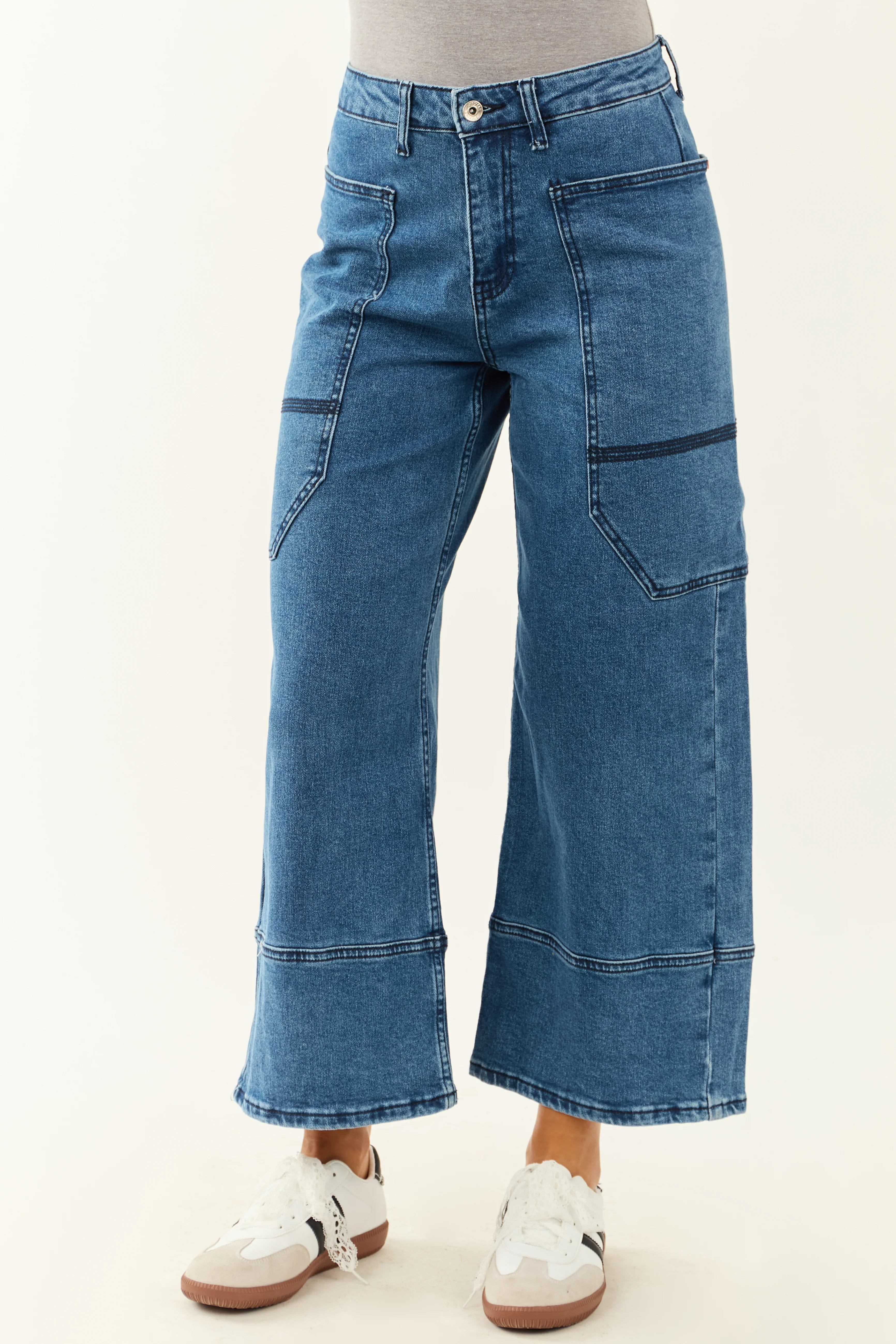 Saige Dark Wash Wide Leg Stretchy Wrap Pocket Jeans