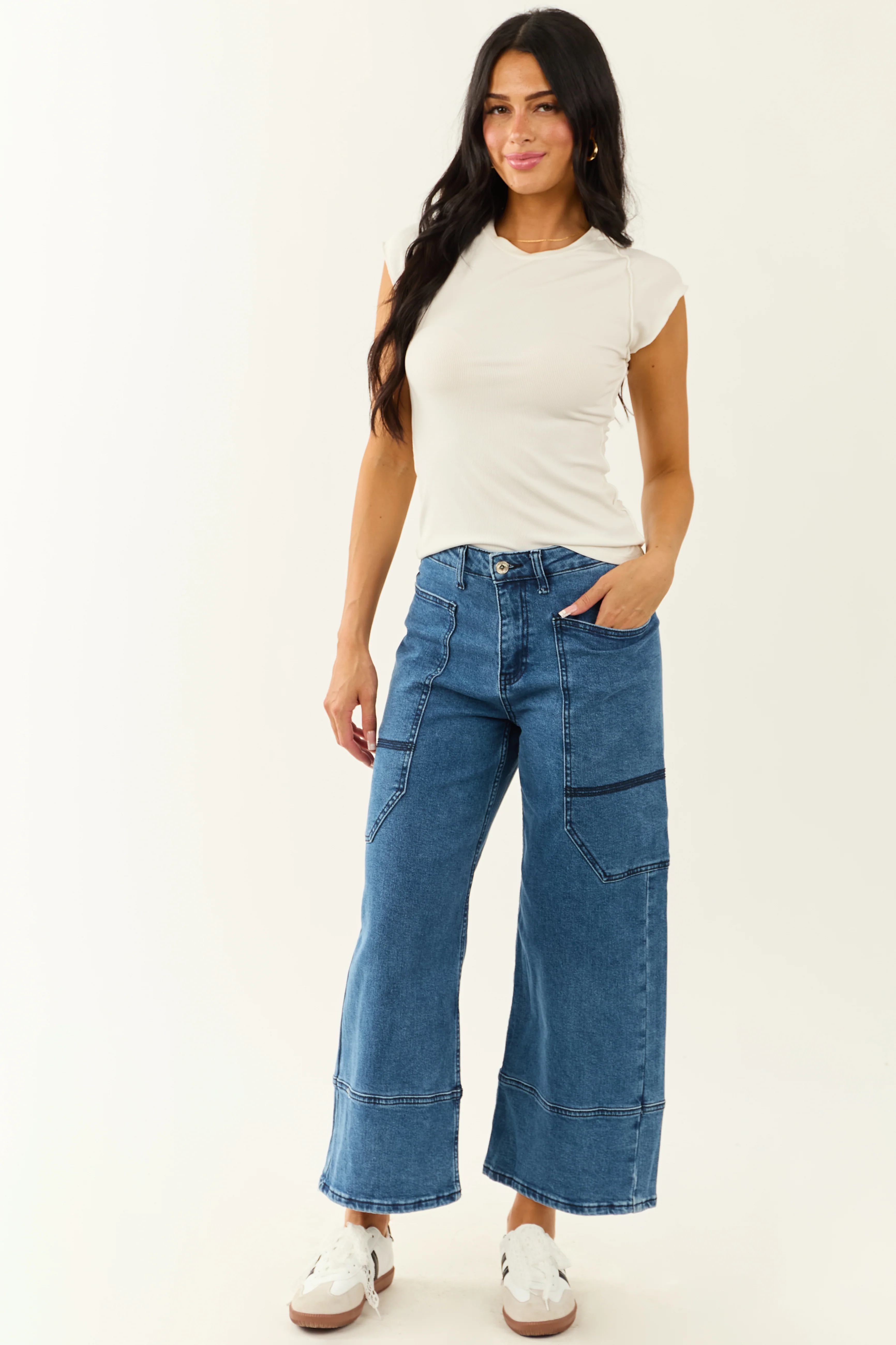 Saige Dark Wash Wide Leg Stretchy Wrap Pocket Jeans - Image 8