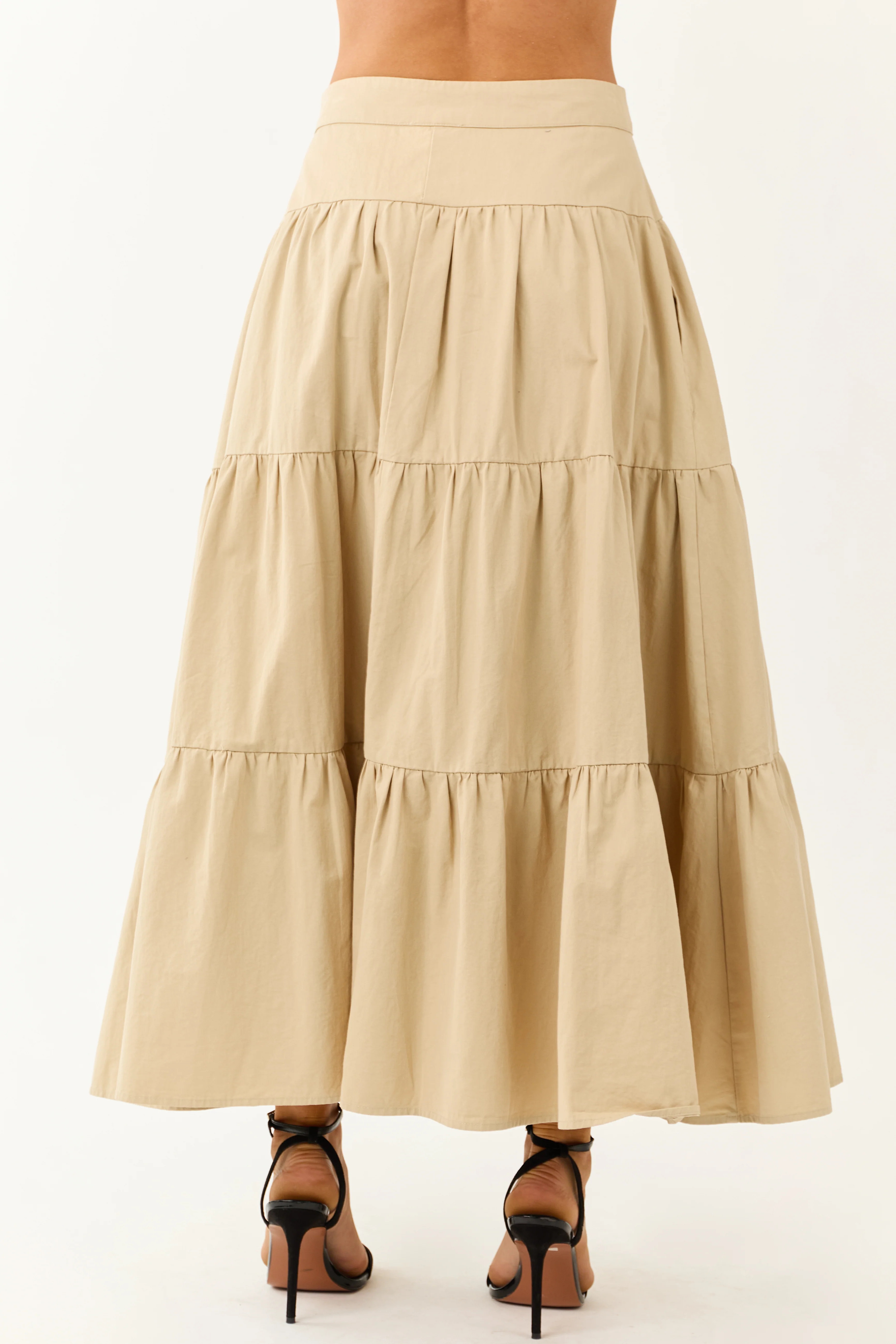 Sand Button Fly Tiered Cotton Maxi Skirt - Image 4